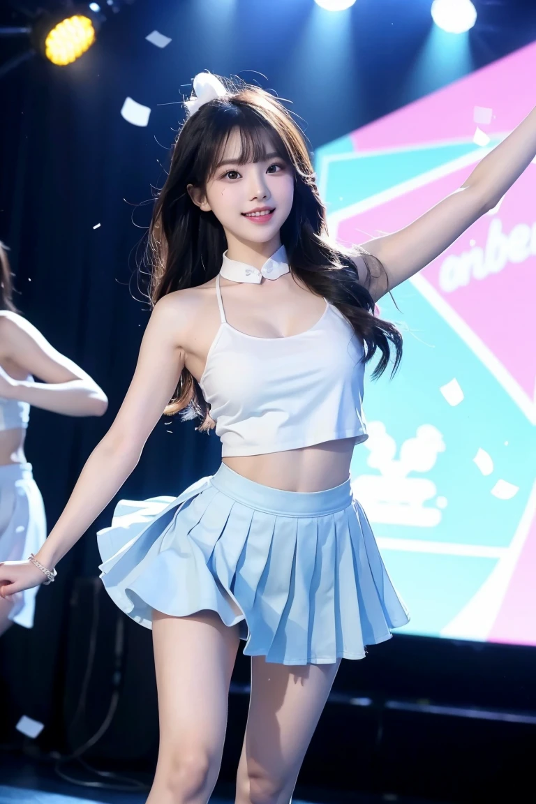 「NSFW」4ｋ、high-detail、japanaese girl、Healthy skin、modeled、Beautiful leg mini skirt、kawaii faces、Popular Japan idols with a smile、Big eye false eyelashes、(((Dancing and singing on stage)))、Lit up、Glittering costumes、jumpping