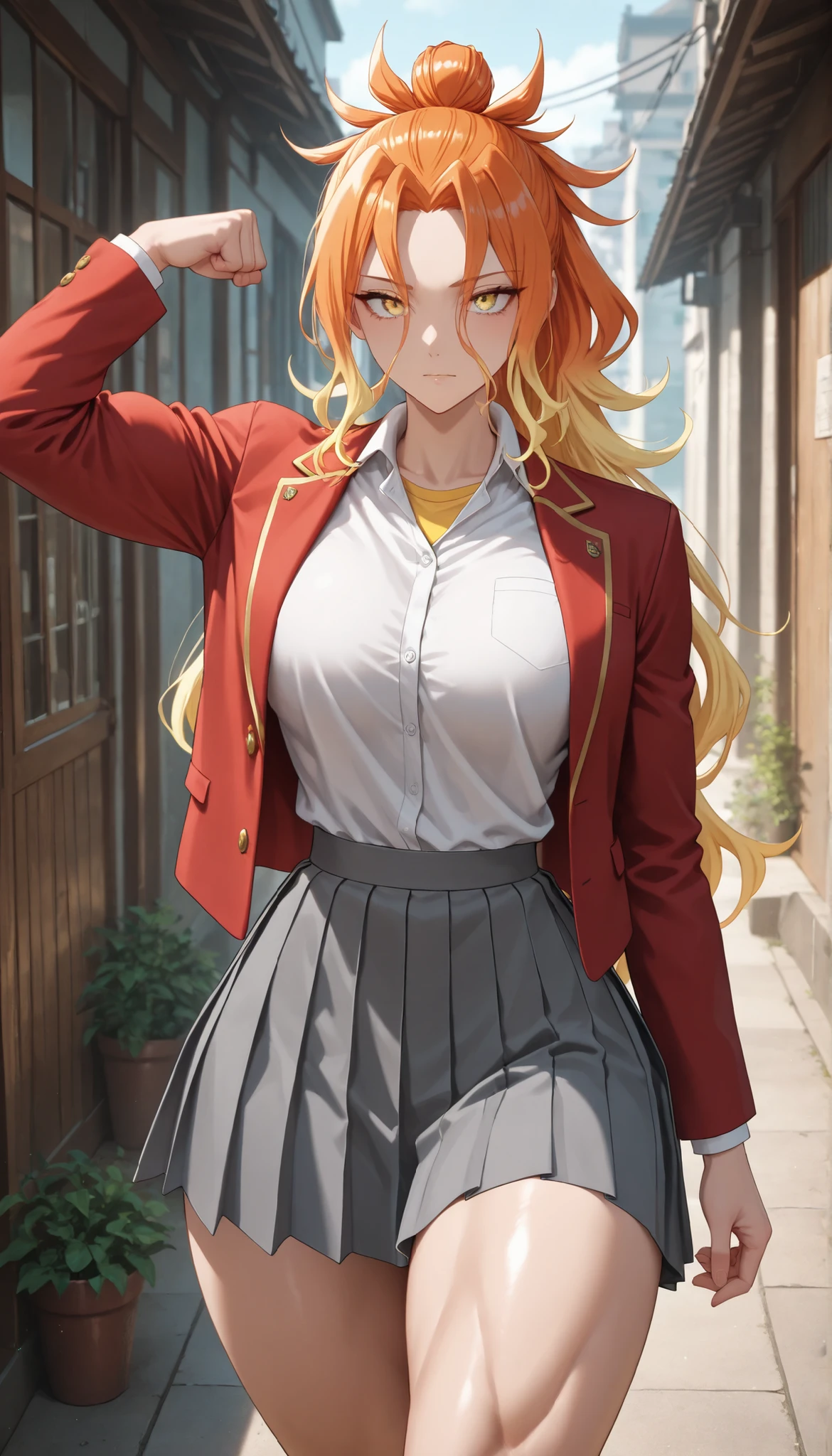 masterpiece, best quality, amazing quality, very aesthetic, absurdres,  newest, scenery, 
EBNiko, 1girl, solo, long hair, blonde hair, hair between eyes, mdeium , wide curvy , thick muscular thighs, muscular body,  yellow eyes, multicolored hair, sidelocks, orange hair, parted bangs, gradient hair, single hair bun, streaked hair, wavy hair, high ponytail, school uniform, red jacket, white collared shirt, grey pleated skirt, miniskirt, yellow undershirt, flexing her thighs muscle