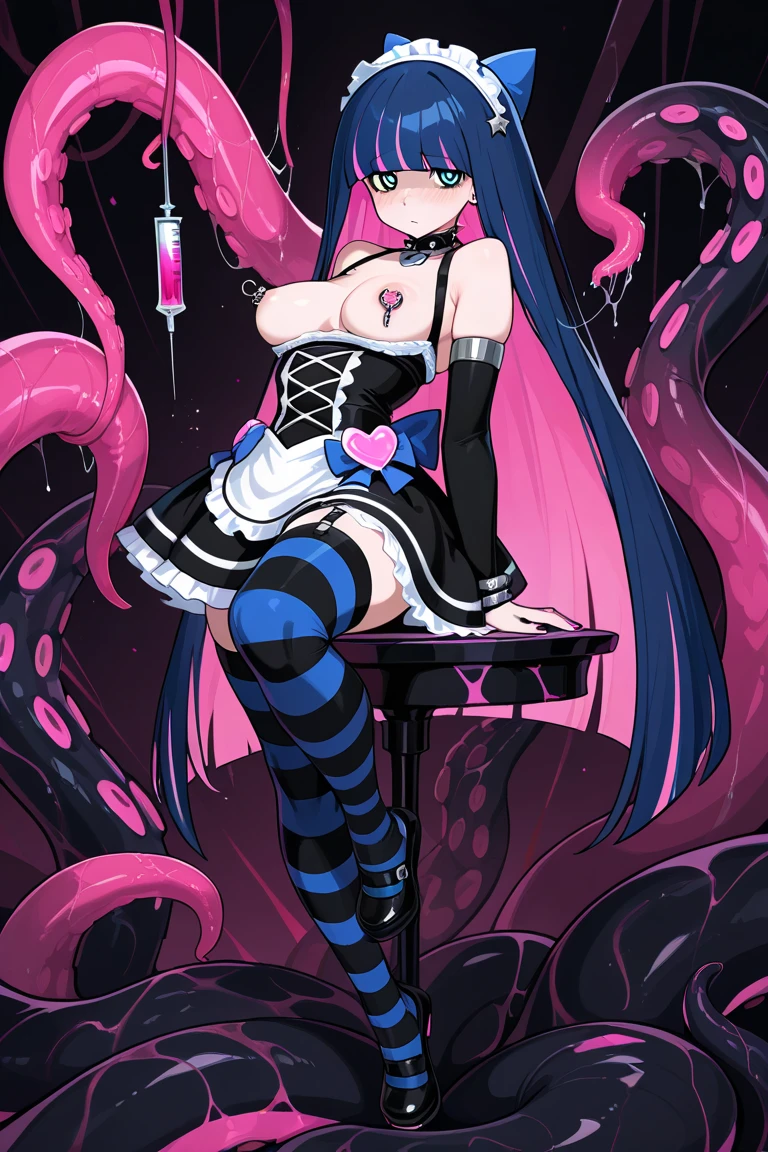 (asura art style:0.7), score_9, score_8_up, score_7_up, score_6_up, uncensored, shinobu kochou, black hair, butterfly hair ornament, parted bangs, gradient hair, multicolored hair, parted bangs, fold, two-tone hair, BREAK (masterpiece:1.2), best quality, high resolution, (beautiful detailed eyes:1.3), perfect lighting, (perfect hands, perfect anatomy), hearts, pleasured, black hair, 1girl, breasts, tentacles, tentacle sex, nipples, solo, thighhighs, torn clothes, restrained, maid headdress, maid, flower, white thighhighs, heart, navel, torn thighhighs, oral, large breasts, tongue, lactation, vaginal, tonague out, blush, fellatio, maid apron, apron, nipple stimulation, frills, full body