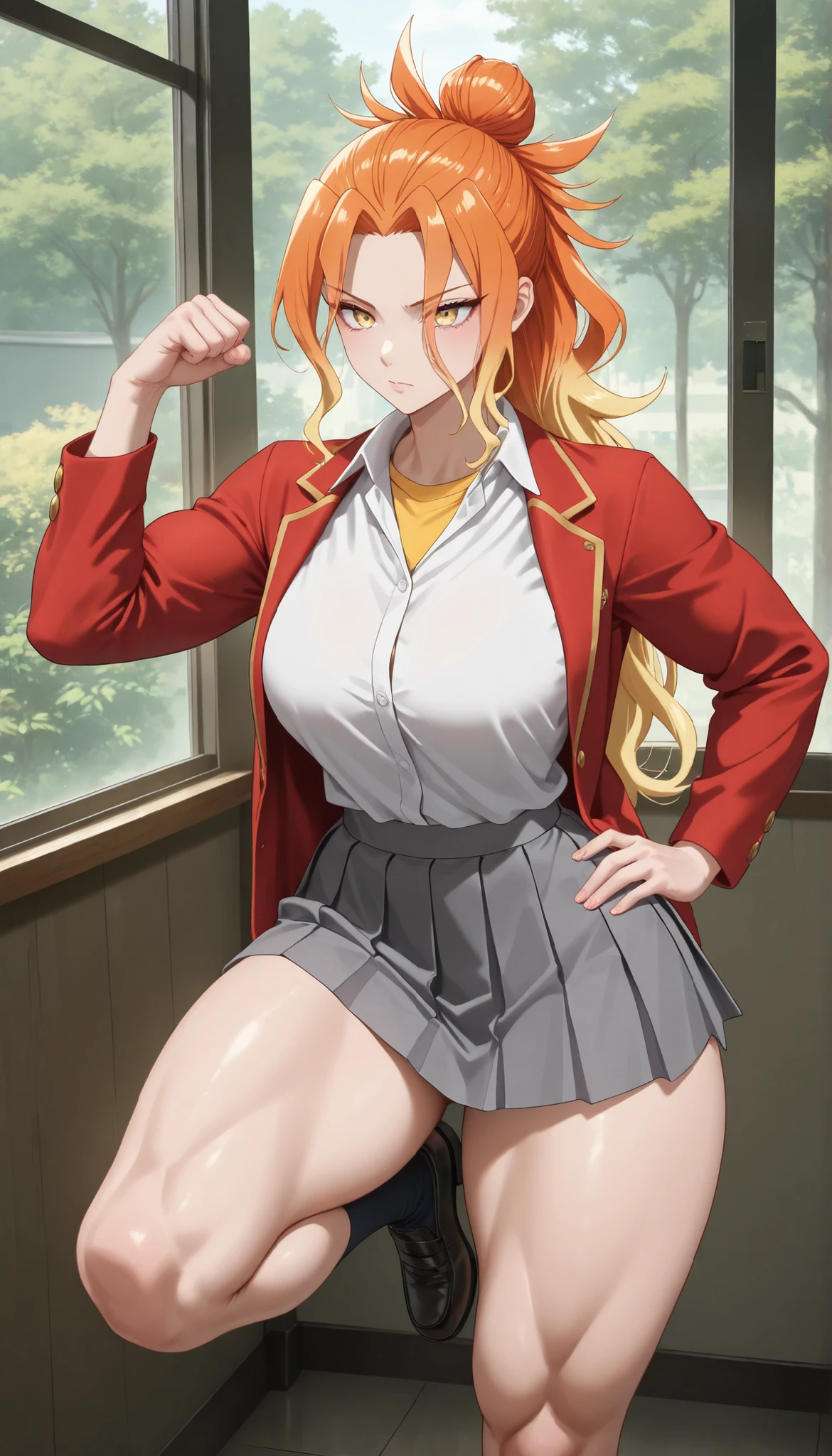 masterpiece, best quality, amazing quality, very aesthetic, absurdres,  newest, scenery, 
EBNiko, 1girl, solo, long hair, blonde hair, hair between eyes, mdeium , wide curvy , thick muscular thighs, muscular body,  yellow eyes, multicolored hair, sidelocks, orange hair, parted bangs, gradient hair, single hair bun, streaked hair, wavy hair, high ponytail, school uniform, red jacket, white collared shirt, grey pleated skirt, miniskirt, yellow undershirt, lifting her one leg up and folding it, flexing her thighs, doing a karate pose