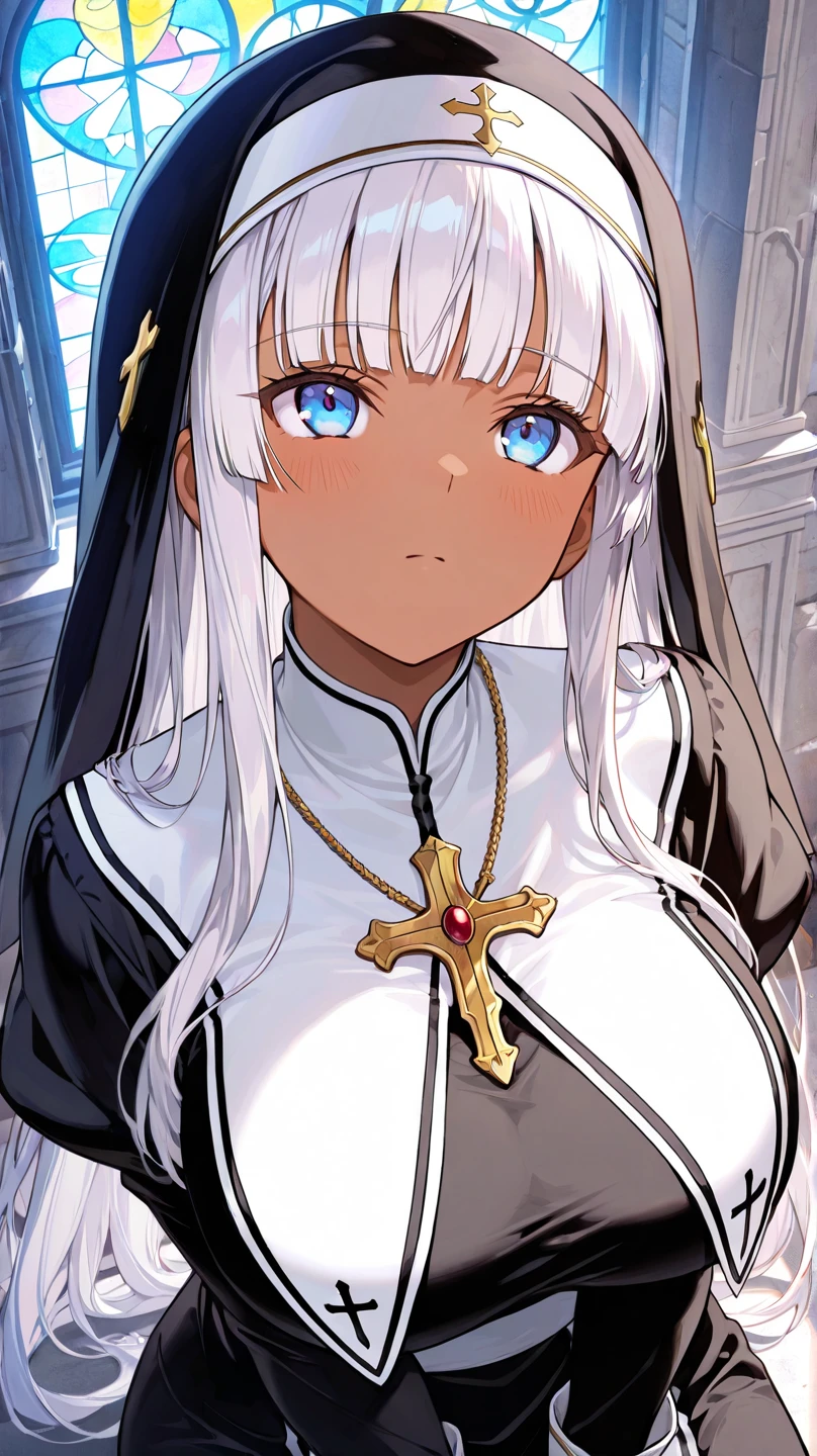 masterpiece, best quality, solo, 1girl, detailed hands, detailed eyes, ((cathedral, praying, clasped hands, kneeling, church, holy light)),
<lora:anette (tonari no ie no anette-san):0.4> , anette (tonari no ie no anette-san), (((dark skin))), blue eyes, white hair, very long hair, ((dark-skinned female)), shiny skin, huge breasts, blush, (((nun outfit, habit))),
<lora:CosmicEyes:0.3> , cosmieyes, blue eyes, glowing, light particles