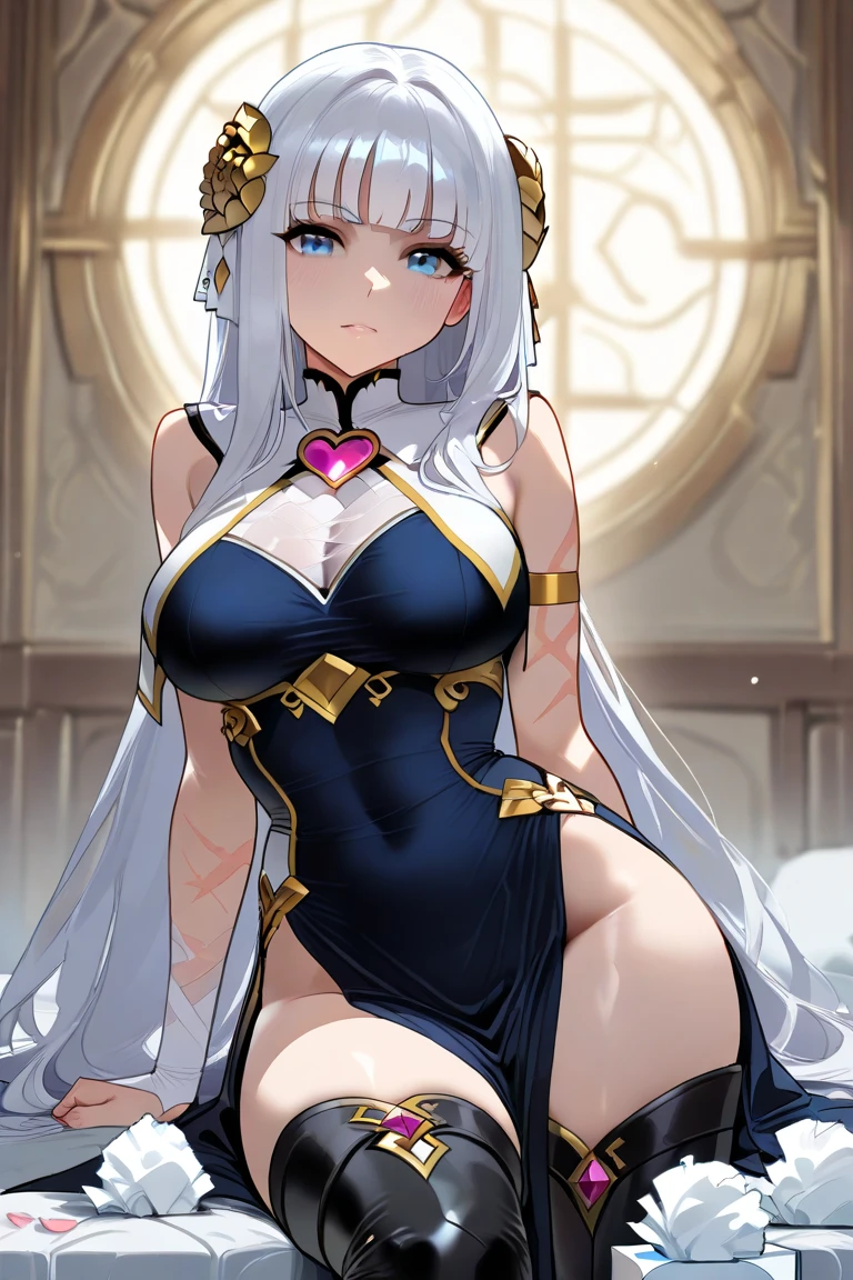 (cuerpo completo) Elfa, mujer elfa, pelo largo, pelo dorado, vestido blanco, vestido elegante, vestido revelador, vestido bikini, estilo fire emblem, grandes pechos, ojos rojos, presencia majestuosa, cola de caballo, sosteniendo una lanza en una mano, sexy, vestido con ombligo descubierto, cuerpo completo, cara feliz, ruborizada