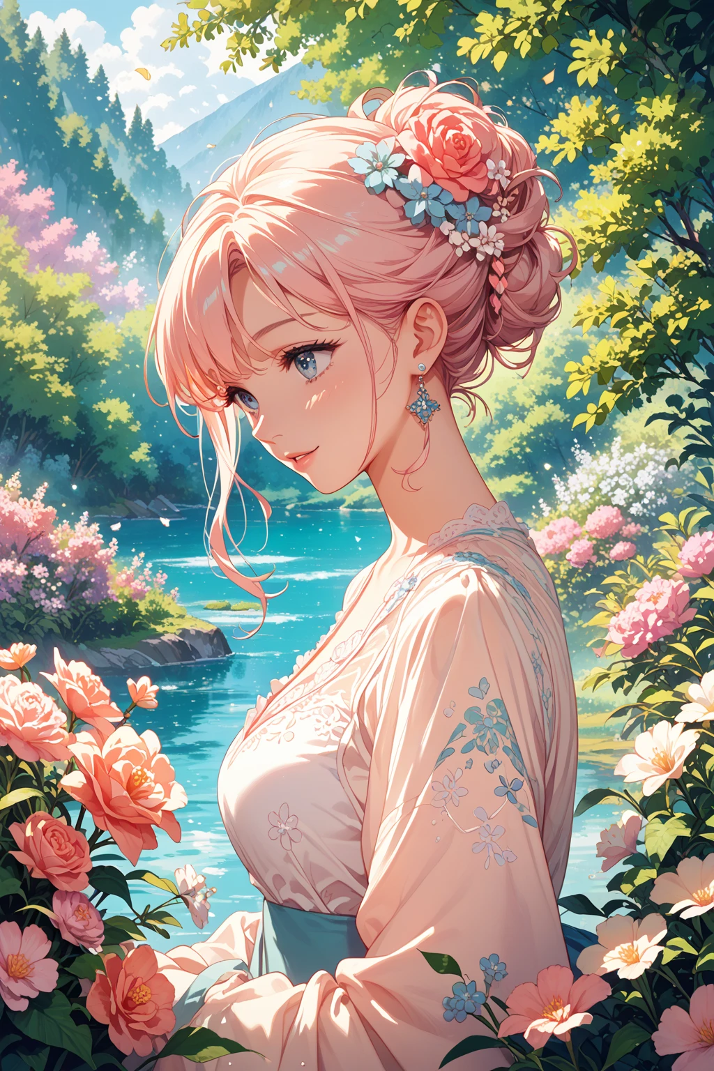 ((highest quality)), ((masterpiece)), (detailed), Perfect Face, , young, girl, Red Hair, Bob Hair, read Eyes, Iris Dress, Flowers, pink Flowers, Happy, sunny, Green Grass, Grass, White lace choker, romantic, A kind smile, View your audience, Portraiture, flat, ribbon、、skin、garden、bouquet、swaying on the surface of the water