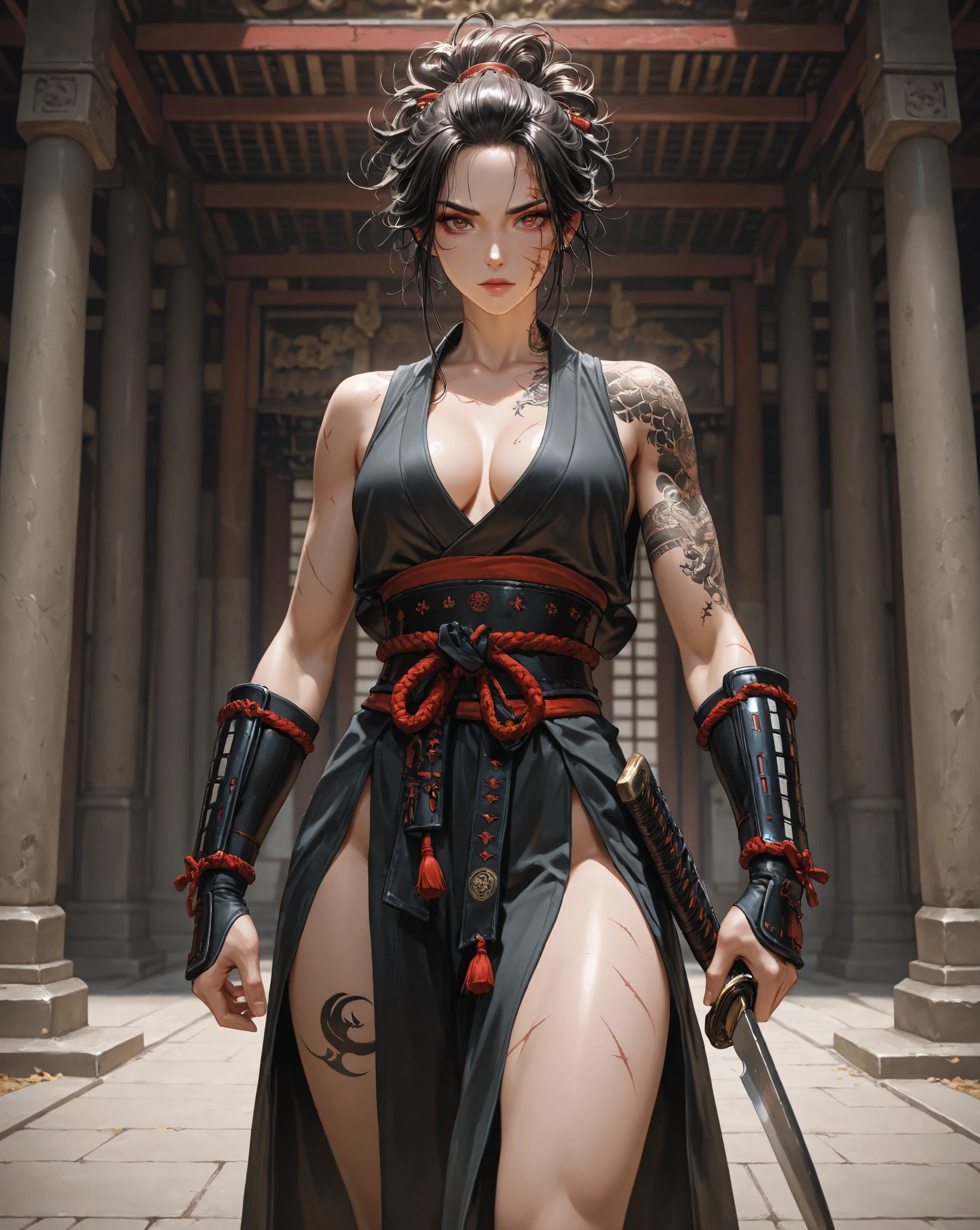 (Japanese sword "Muramasa 2".0)Beautiful and pretty woman with、Tie your hair back、hair ornamentartial artists、Warrior、Crisp eyes、Tattoo on arm、