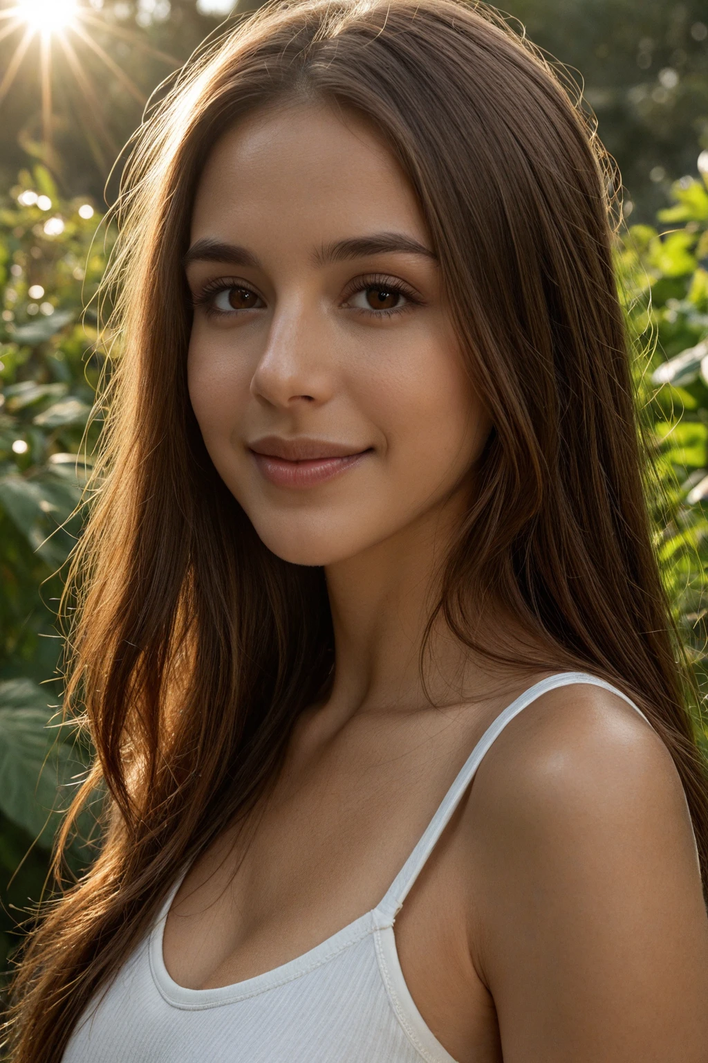 photorealistic, best quality, hyper detailed, natural amateur photo, 8k, selfie, close up, beautiful slim young woman, face selfie, glamorous makeup, blow-dried and curled brown hair, wearing a purple evening dress, fully dressed, sweetest smile, outdoors,golden hour, (focused), skin texture , ultra high res, best shadow, RAW, instagram LUT