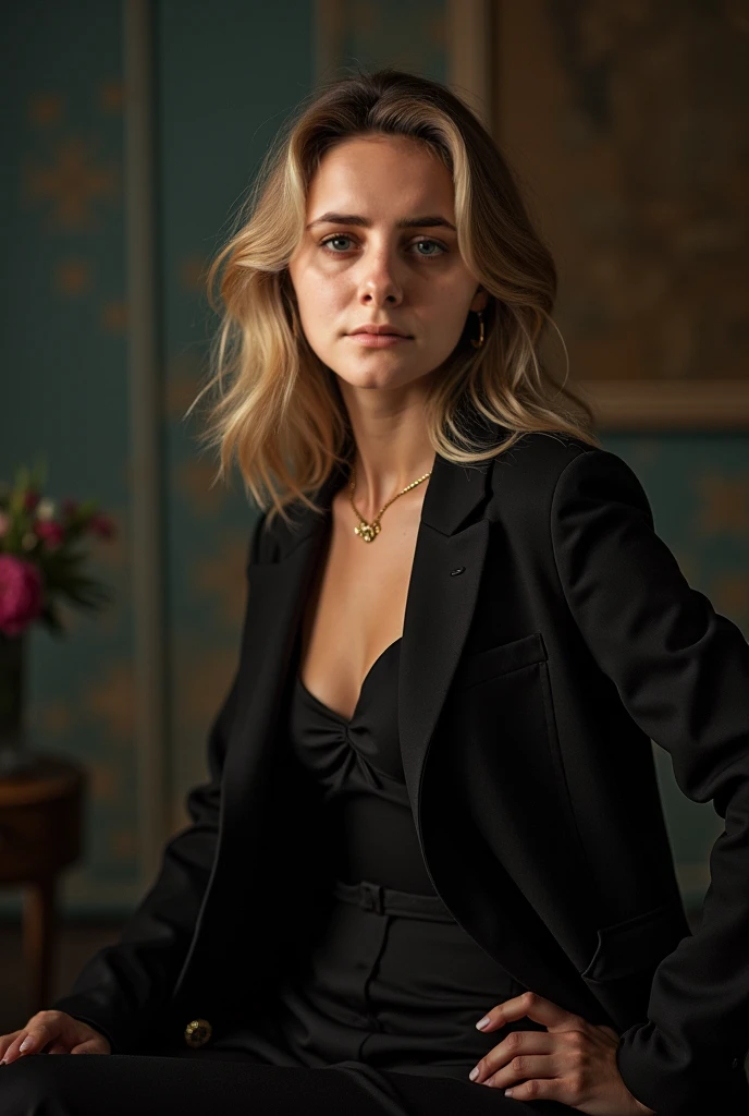 Blonde, skinny, smartphone, formal outfit, selfie