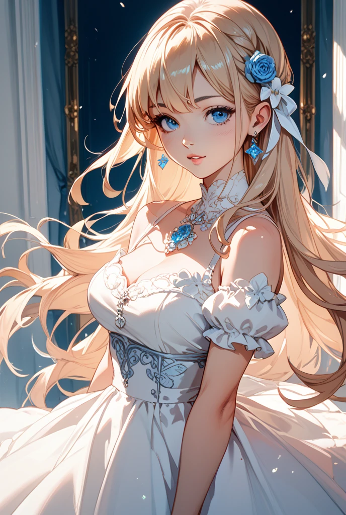 (((Dress Transparent Dress))), (((The dress features a voluminous hoop skirt and a long hem.、A gorgeous, incomparably gorgeous Rococo Victorian gown, Princess style skirt))), (Gown shines brilliantly, reflecting light like a prism.:1.2), (Gown A very elaborate gown:1.5), ((Huge breasts)), (Expressive hair), Very voluminous、Very long hair, bangs, Super delicate and beautiful face, Beautiful Lips, (Hyper Detail: Delicate and beautiful eyes), Cleavage, Beautiful smile, (((Young Face, Solo Enchanting Adorable Princess, Teenage Girl, pretty girl, very pretty girl))), (Anime Moe Art Style 1.3), (((masterpiece, Super detailed, Highest quality, Ultra-high resolution, Great quality, Exceptional Quality, Super detailed, Ultra-high resolution, Unity 16K, 32K, ultra photo Realistic))), (Face Focus, Eye focus, Realistic, Blurred Background, Lens flare, shine, Light caustic effect:1.5), (Background of the church at night:1.3),