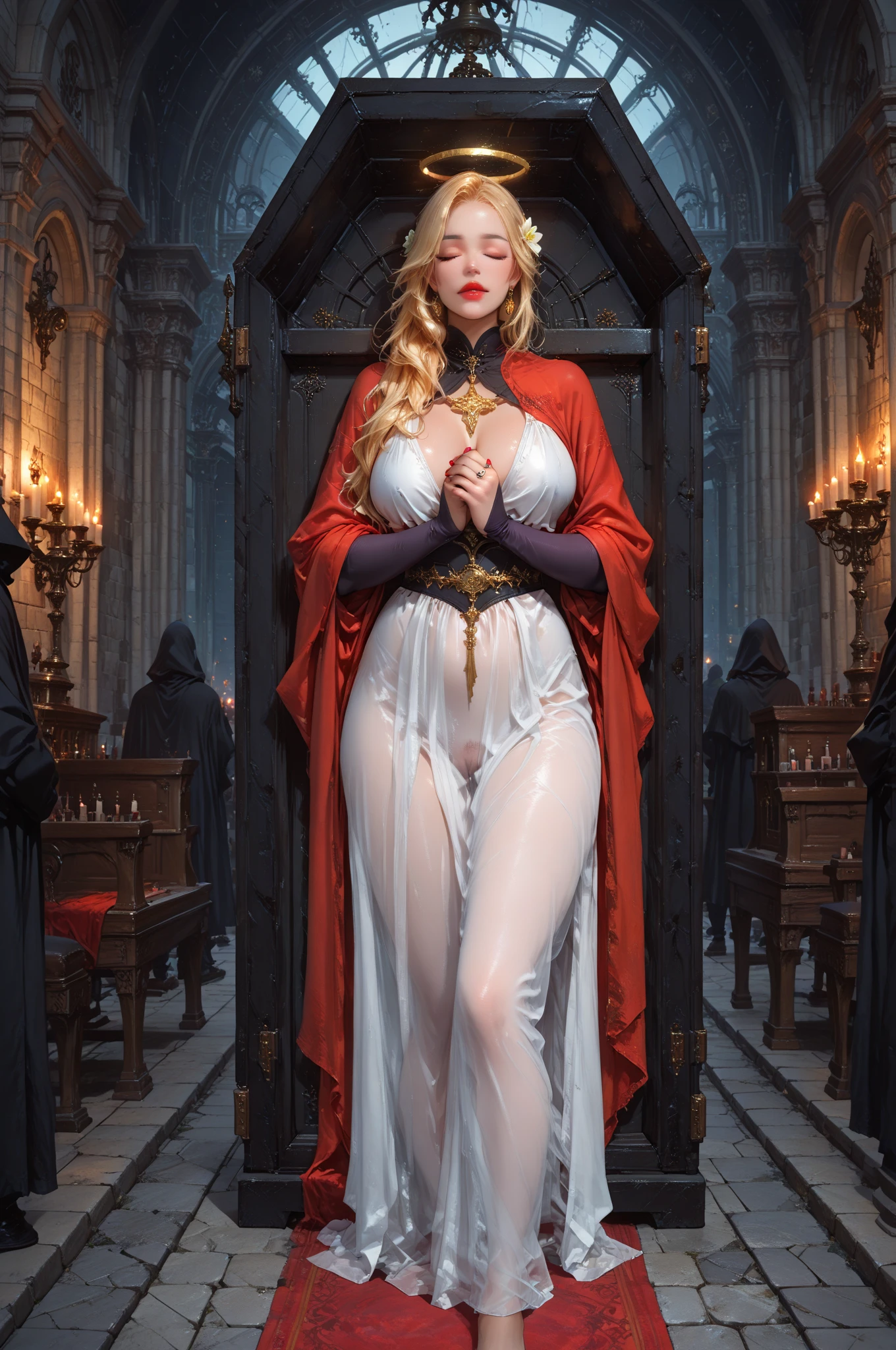 ((aeolian)), 1 ((young)) girl with a beautiful face and green eyes, slim body, Princess, full body view, wearing a black gown, no underwear, very long black hair, fantasy church landscape, perfect bare feet, slim body, small breasts, naked, smiling, view from behind, bare butt, long legs