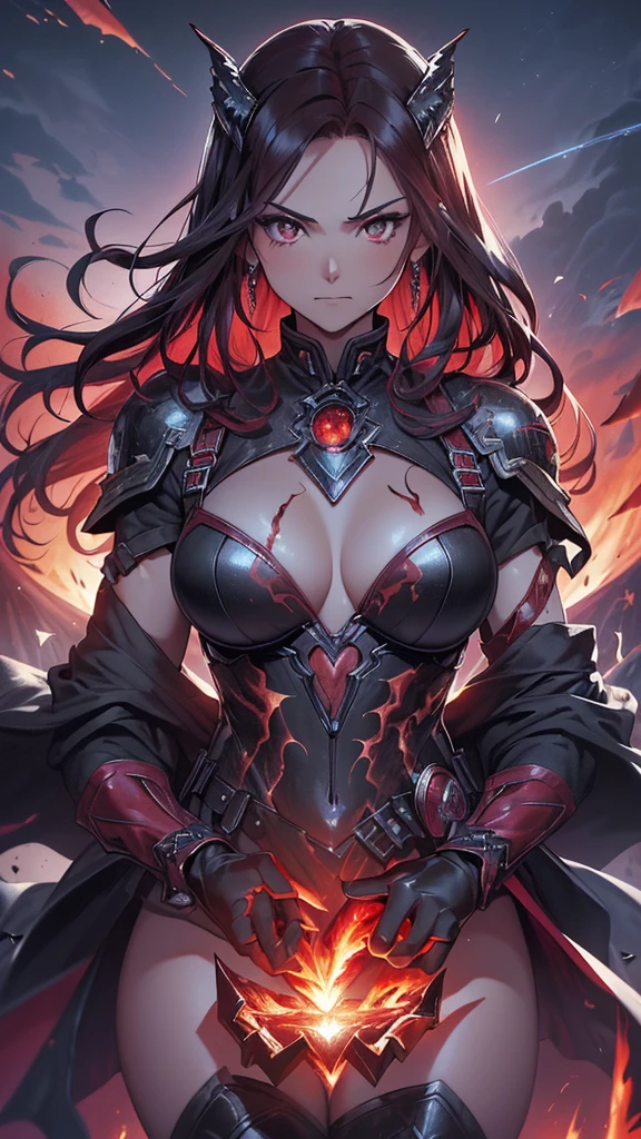 Highest quality、Highest quality、Masterpiece、girl((Metal body,Age 25、as soon as、Highest Bust、Medium Bust、Wide open chest、Red glowing eyes、Black Ear、Red Mesh、Disheveled Hair、Loincloth、thin、The best valley、Open chest、Red Cape、hair ornaments、Full body view、gas mask、Black hoodie、Black trousers、Holding a spear knife))、high quality、Beautiful Art、background((fog、cigarette、smoke、Red smoke、military base、Cigarette curtain、Explosive Flame))、flight、Flying Debris、Depth of text、movie、Visual Arts、Perfect Art、8K、Genuine、Special Angles
