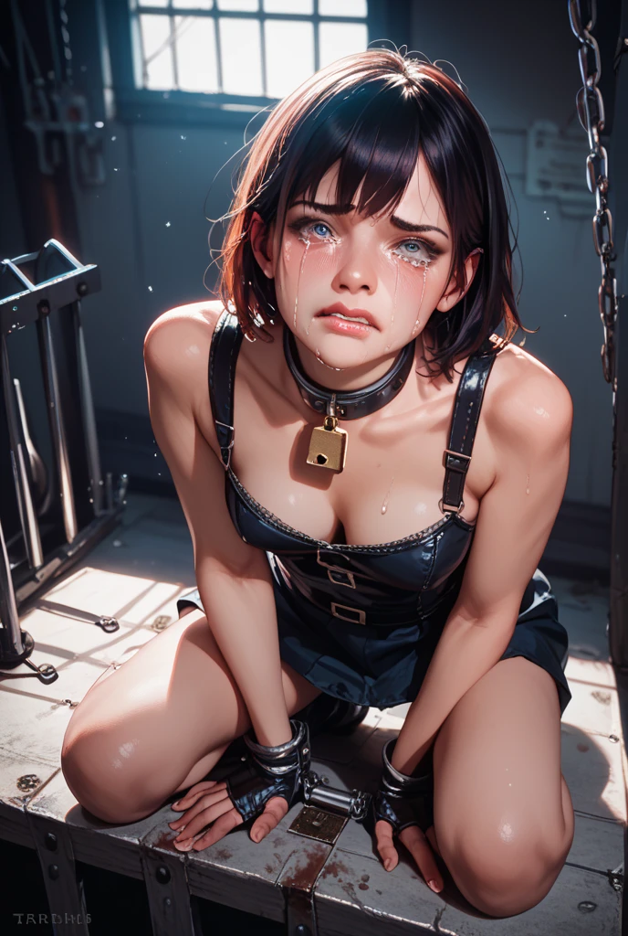,naked, high resolution),frightened facial expression,crying,wet body,wet hair,dog collar,slave,capture,dark lure of forbidden desires,bound by twisted tendrils,The pincers are on a chain,poor thing, Dark prison, the area near the body is wet, Frightened expression, Girl crying, full body