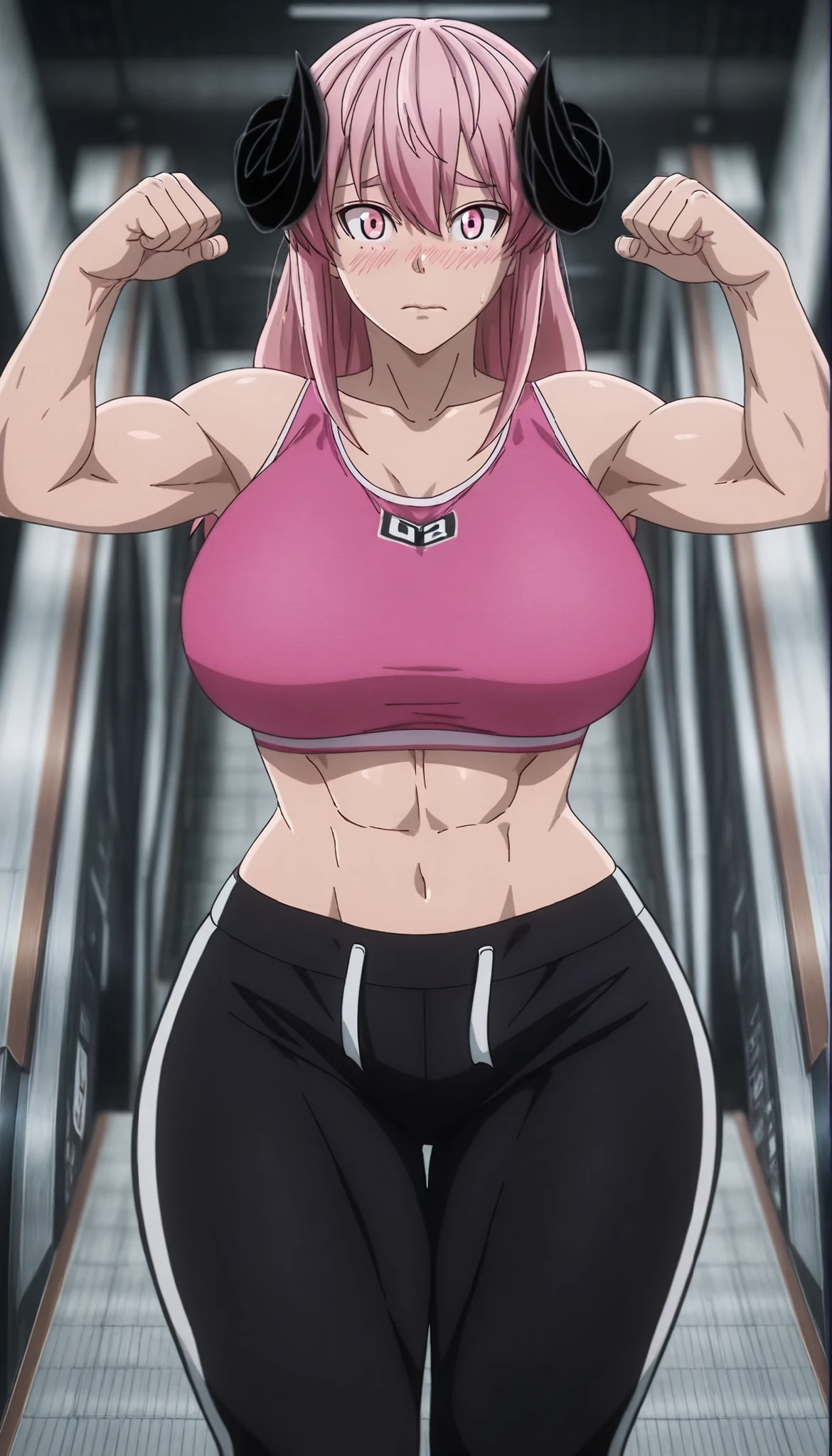 simple background, detailed background,
anime screencap,anime coloring,
(masterpiece, best quality:1.2),
homare01, 1girl, solo, pink hair, shorts, looking at viewer, long hair, pink eyes, large breasts, thick muscular thighs, wide curvy hips, voluptuous body, Curvy body, thicc woman, sports bra, yoga pants, ,demon horns,curled horns,blush, embarrassed, flexing her Muscular body