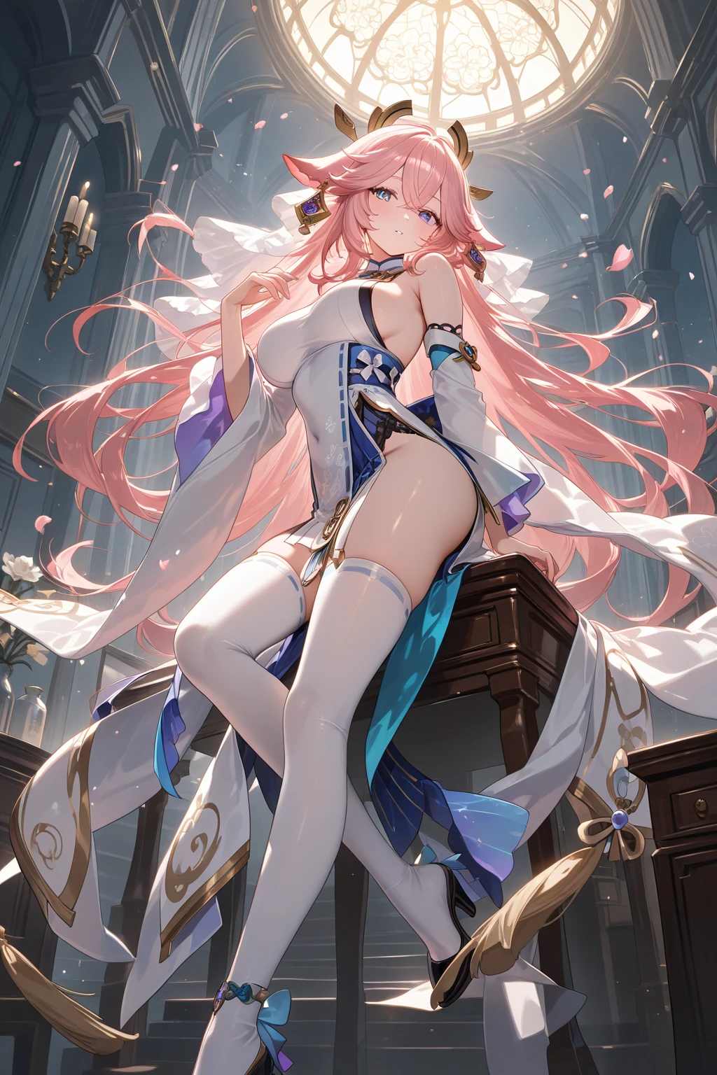 ((masterpiece)), ((best quality)), best shadow, an extremely delicate and beautiful, dynamic angle, finely detail, depth of field, 1girl, ((high ponytail)), [gold|blue|pink]_hair, ((multicolored hair:1.25), (long hair:1.2), (red eyes:1.3), detailed hands, detailed legs, standing, (goddess dress:1.5), full body, seductive, light smile, ((in the space)), (moon), (moonlight), glinting stars, night, outdoor, starry sky, beautiful, ((black stockings))