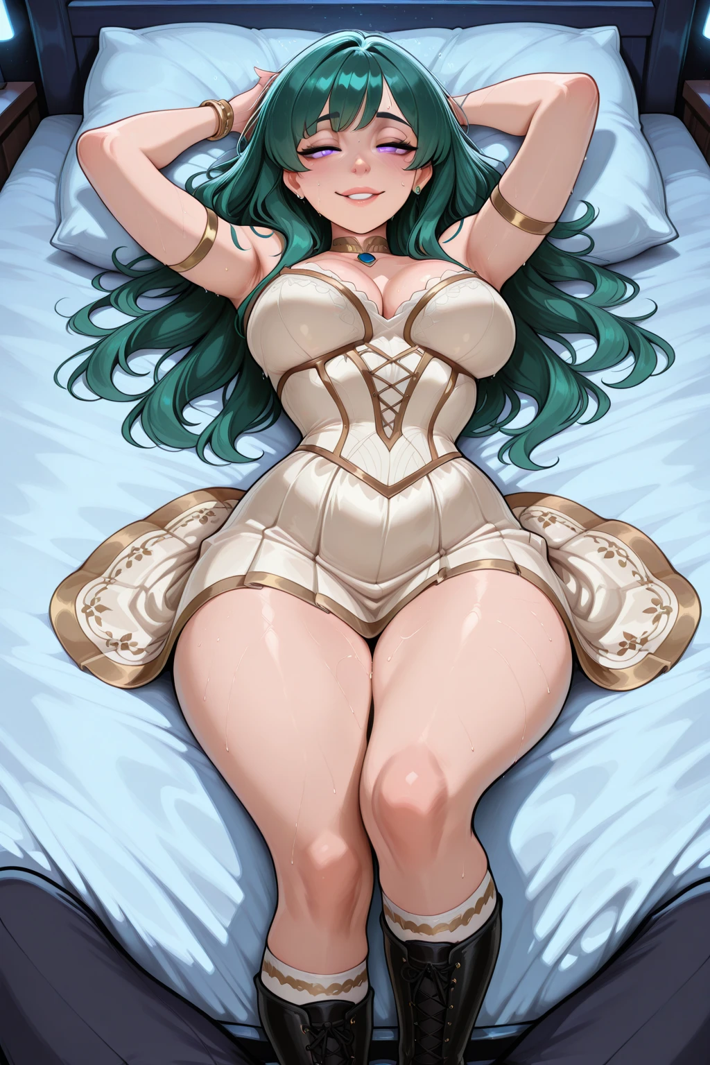 1mature elves girl, silver long hair, green eyes, white sage robe, she have white flower in her head and medium boobs, lay on bed blushes and looks so sexy, tall girl
