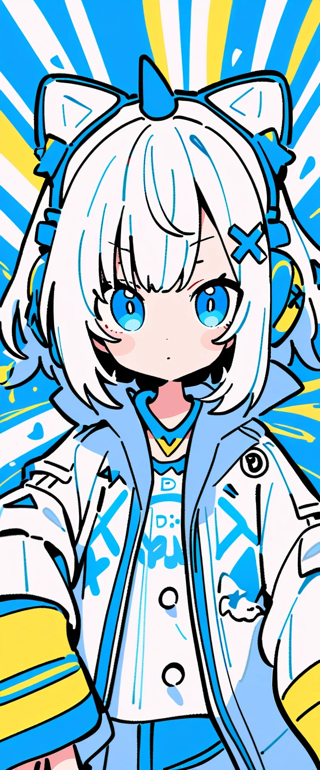 kaguya luna, 1girl, :o, bangs, bare shoulders, black dress, blue background, blue eyes, blush, cleavage cutout, close-up, closed mouth, d-pad, d-pad hair ornament, dress, eyebrows visible through hair, finger to mouth, grey hair, hair ornament, hairclip, looking at viewer, colorful, multicolored background, multicolored eyes, multicolored hair, open mouth, paint, paint on body, paint on clothes, paint on face, paint splatter, pink eyes, pink hair, red background, short hair, short twintails, sleeveless, sleeveless dress, smile, twintails, upper body, v-shaped eyebrows, virtual youtuber, x hair ornament, yellow background, clothing cutout, solo, breasts, paint splatter on face, white hair, cleavage, character name, x, portrait, print shirt, print hair, <lora:mika_locon_v3l:1>