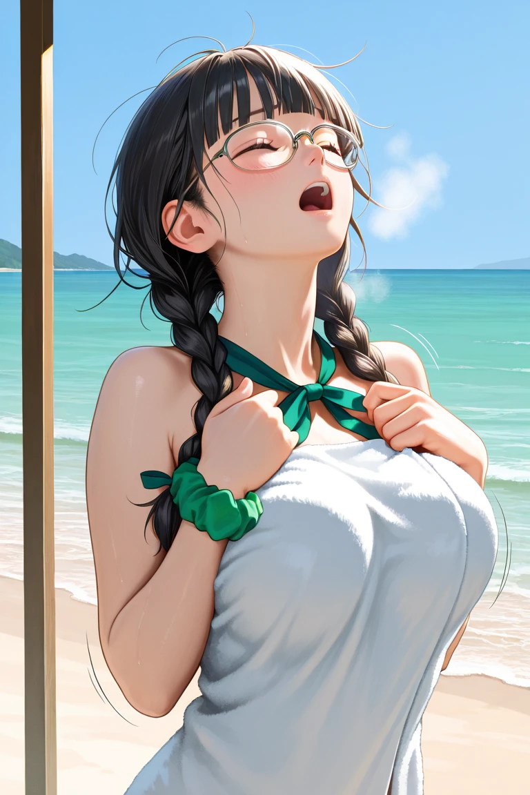 (best quality:1.3), (4k quality),(sharp image), Maki, ((Detailed face)), ((masterpiece face)),((perfect detailed eyes)) (blush), Maki, (((green hair,  green ponytail hair))), yellow eyes, pink lips, pink lips, sly face, face with stern features, ((detailed face)), perfect face, highly detailed eyes, masterpiece, absurdres , (intricate details), (colorful),cinematic lighting, extremely detailed CG unity 8k wallpaper , 1girl, solo, mature female, erected , fit body,  , (((glasses))), (tricky glance, wicked smile), on the river, ((perfect small erected )), (((kneeling and doing ))) ((()))(((open mouth)))(((perfect
))) ((( on )) ((( on )))(((huge amount of spreading  on her )))(((((white )))))