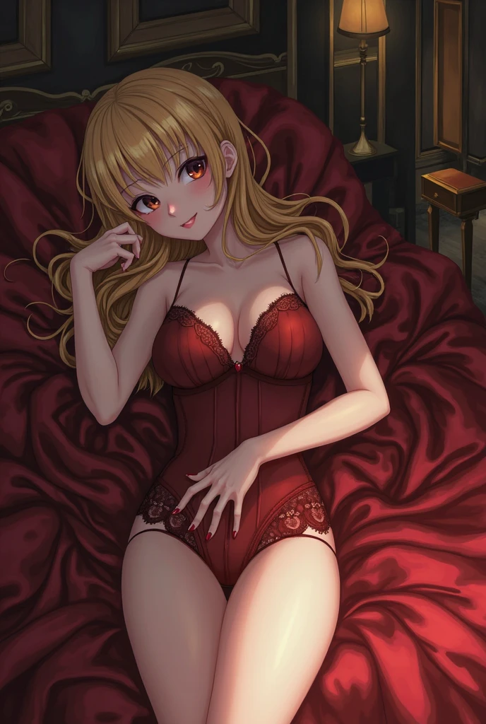 lingerie rouge, jolie femme, 22 ans, fine, sur un lit