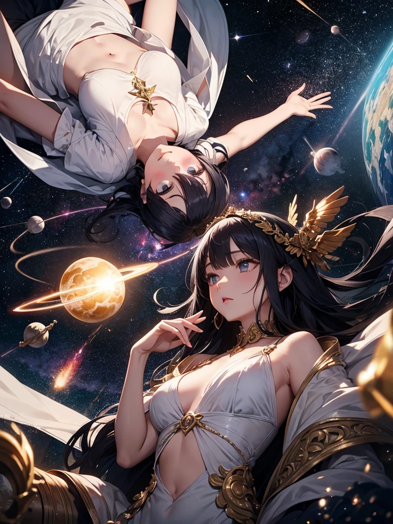 Woman with very long wavy big breast and black hair tan skin wearing a beautiful  glitter dress and smiling up. Little, surrounded by outerspace, planets, and galaxies