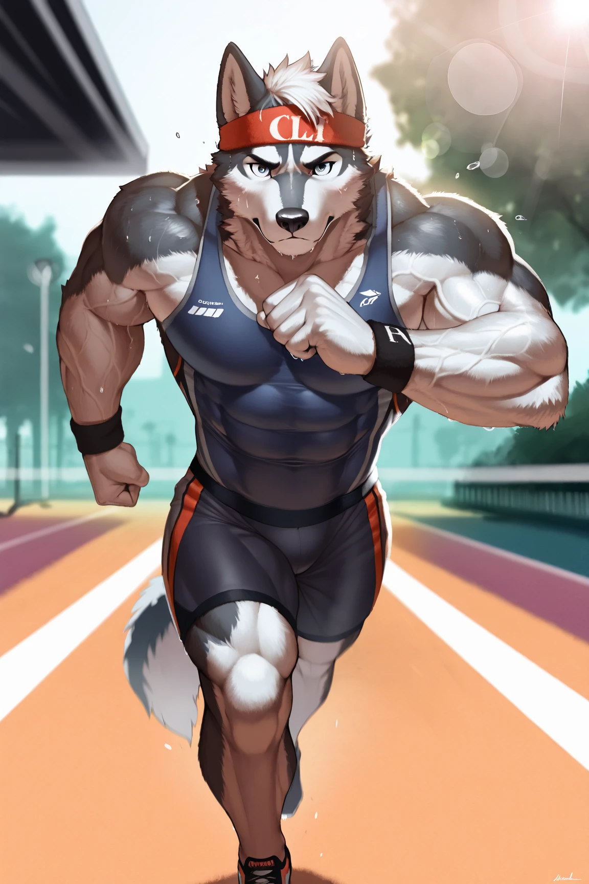 solo, 1boy, Huge wide thick Muscular Old Grizzly Bear wearing glasses , pectoral, huge pectoral, wide pectoral, short white hair, short pants, black wristbands, watch and  and , bearded, Mustache, olympic stadium background, masterpiece, high detailed, 8k, high resolution, running all over the tracks, training, exercising