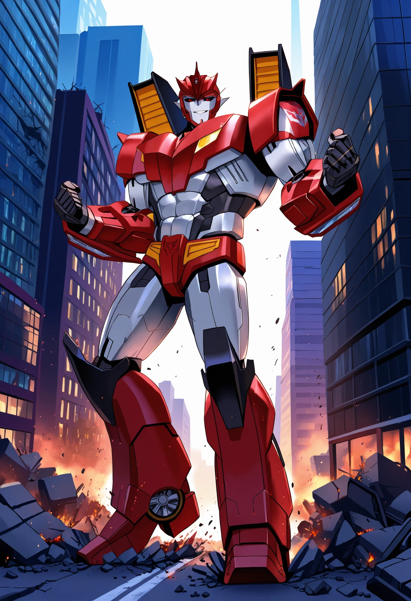 knockoutpdxl, mecha, humanoid robot, decepticon, red eyes, black sclera, abs, biceps, pecs, macro in miniscule city, destruction, warm smile, topless, dynamic pose, full body