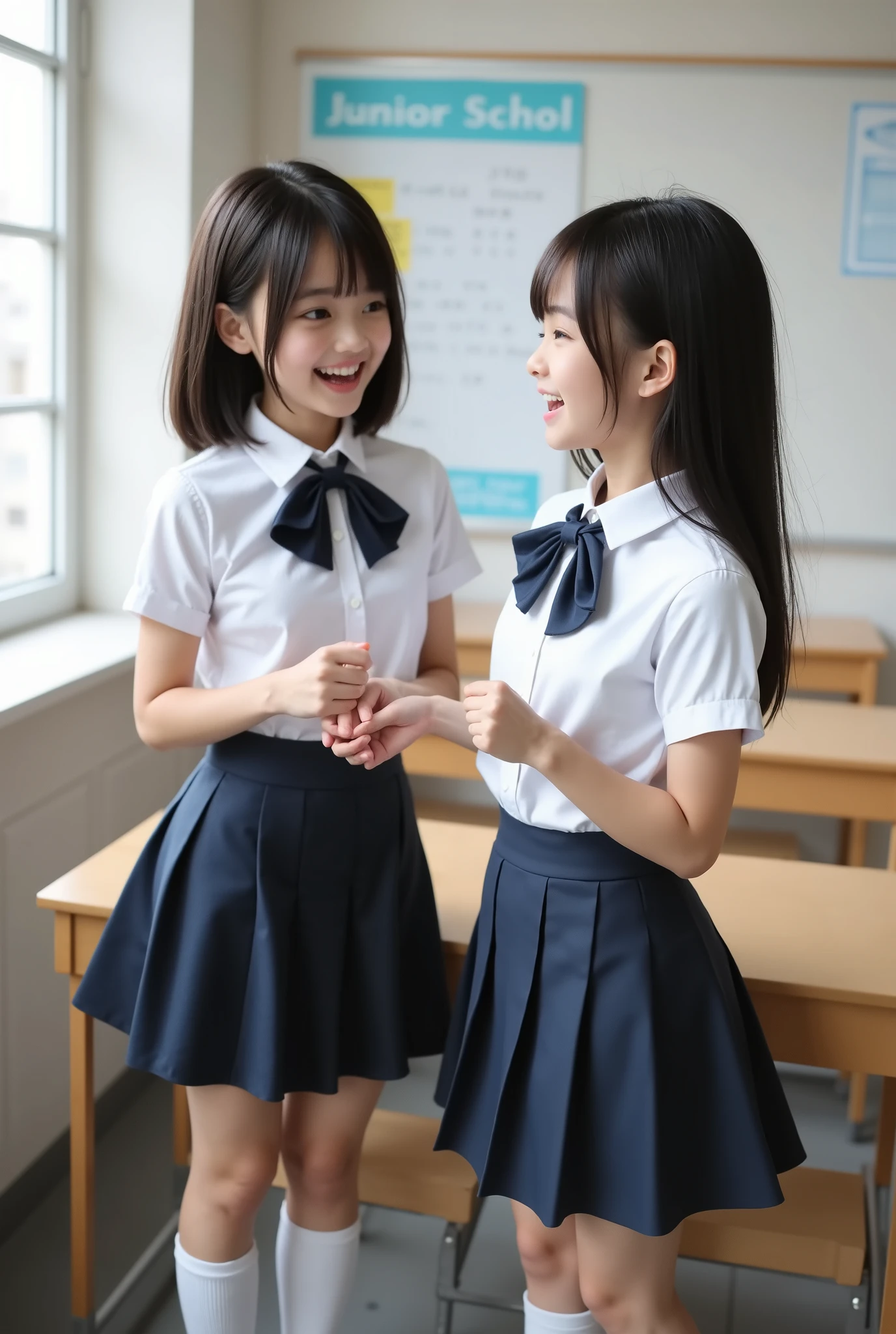 score_9, score_8_up, score_7_up,  (photorealistic:1.3), ultra detailed, realistic skin texture, realistic lighting, 8k, raw photo, highest quality, masterpiece, highest resolution, 2girls, young girls, very young, very cute girls, cutest girls in japan, 12 years old, junior high school students, realistic, japanese students, black eye, black hair, (very long hair:1.5), white blouse, short sleeve, small breasts, school bow tie, navy blue skirt, pleated skirt, mini skirt:1.3, thighs, white socks, (white shoes:1.5), short legs, in classroom, laughing loudly, open mouth widely, full body, standing, looking at each other, desk, near window, holding hand friendly