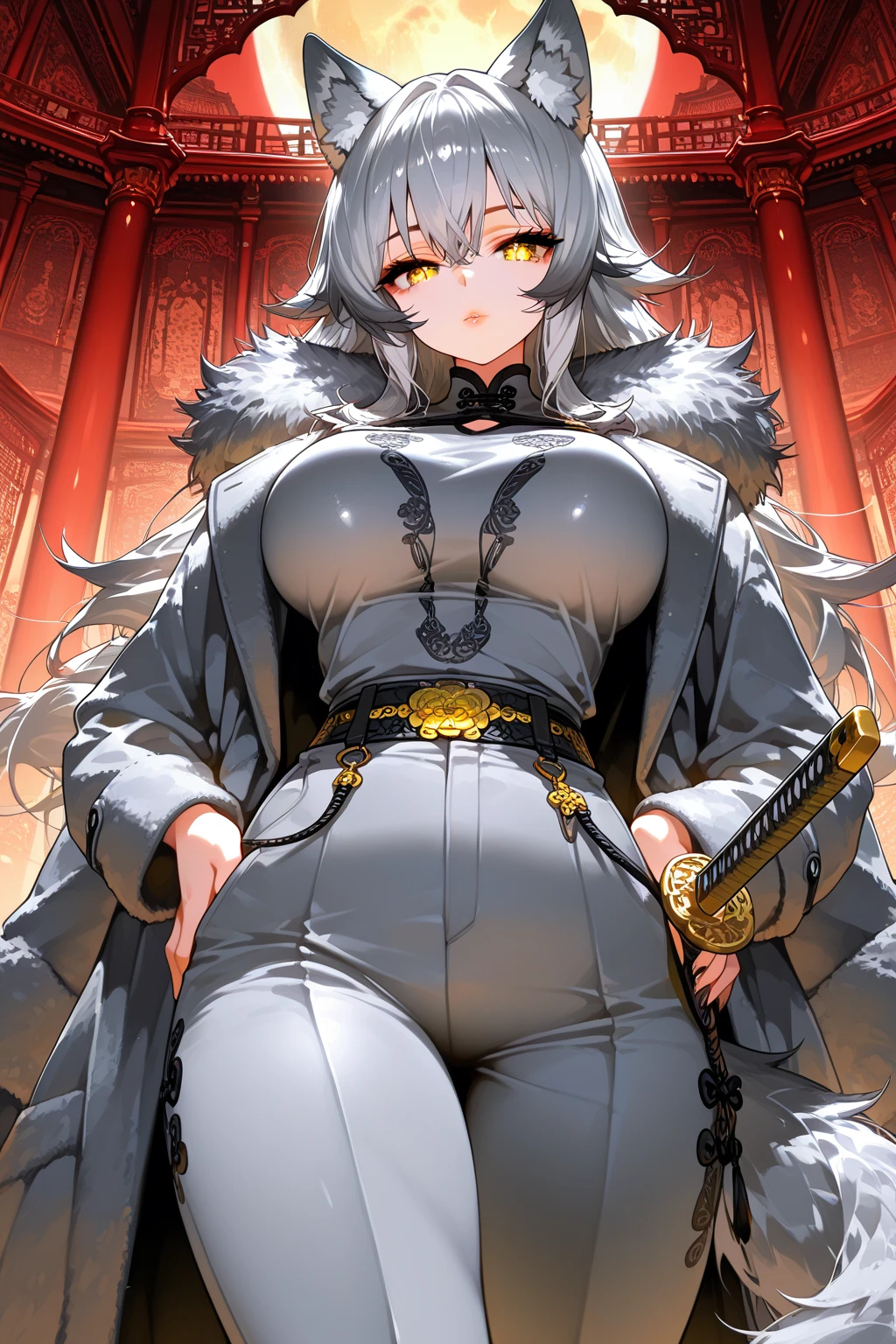 (tmasterpiece, quality, Best quality at best, offcial art, Beautiful and beautiful:1.2),de pele branca, Massive, muscular girl, Kaiju, aggressive, Proud,long, wavy white hair,Long dark blue coat,very very gigantic boobs,muffler,Wolf Girl,Golden decoration,big tail,trouser,Big animal ears,huge sword,long boots,Warm clothing,Clothes that are large in size,No skin exposure,Fluffy,venusbody,arknights,angry,