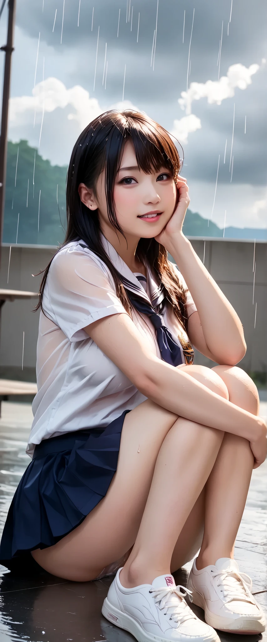 Highest Quality 、high quality 、 最high definition、high definition、8K Quality、high image quality 、Highest Quality、 masterpiece 、immersive video、 very realistic image 、Realistic Painting、 perfect details 、 high contrast 、High Fidelity、 perfect photo without blurring、close to reality、 An image that has been faithfully reproduced down to the smallest detail、 Detailed and REALISTIC WEAPON 、 exquisite and realistic human skin 、 realistic face in every detail、 Realistic eyes in detail 、 draw realistic lips in every detail 、 detailed and real teeth、Realistic Ears、 Realistic Hair 、 nipples、Mansuji、((Japanese Model))、((gravure idol))、(( high school students))、((Young face))、((black hair))、((rounded medium breasts))、((stylish body ))、(((Wet skin all over )))、(((A woman with her whole body wet from the top of her head to her feet and toes)))、((Dark sky covered with thick rain clouds))、(( downpour))、(( Outdoors ))、(( Wear a JK student uniform & wear a JK student skirt &wear white sneakers& white panties)))、(((rain JK student uniform&JK student skirt fits perfectly on the skin))、(((rain JK student uniform&You can see your skin through your white panties)))、(( downpourの街中))、((Sit in a triangle with your on the ground))、(((Full body view from head to toe,)))、((( look at her from the front )))