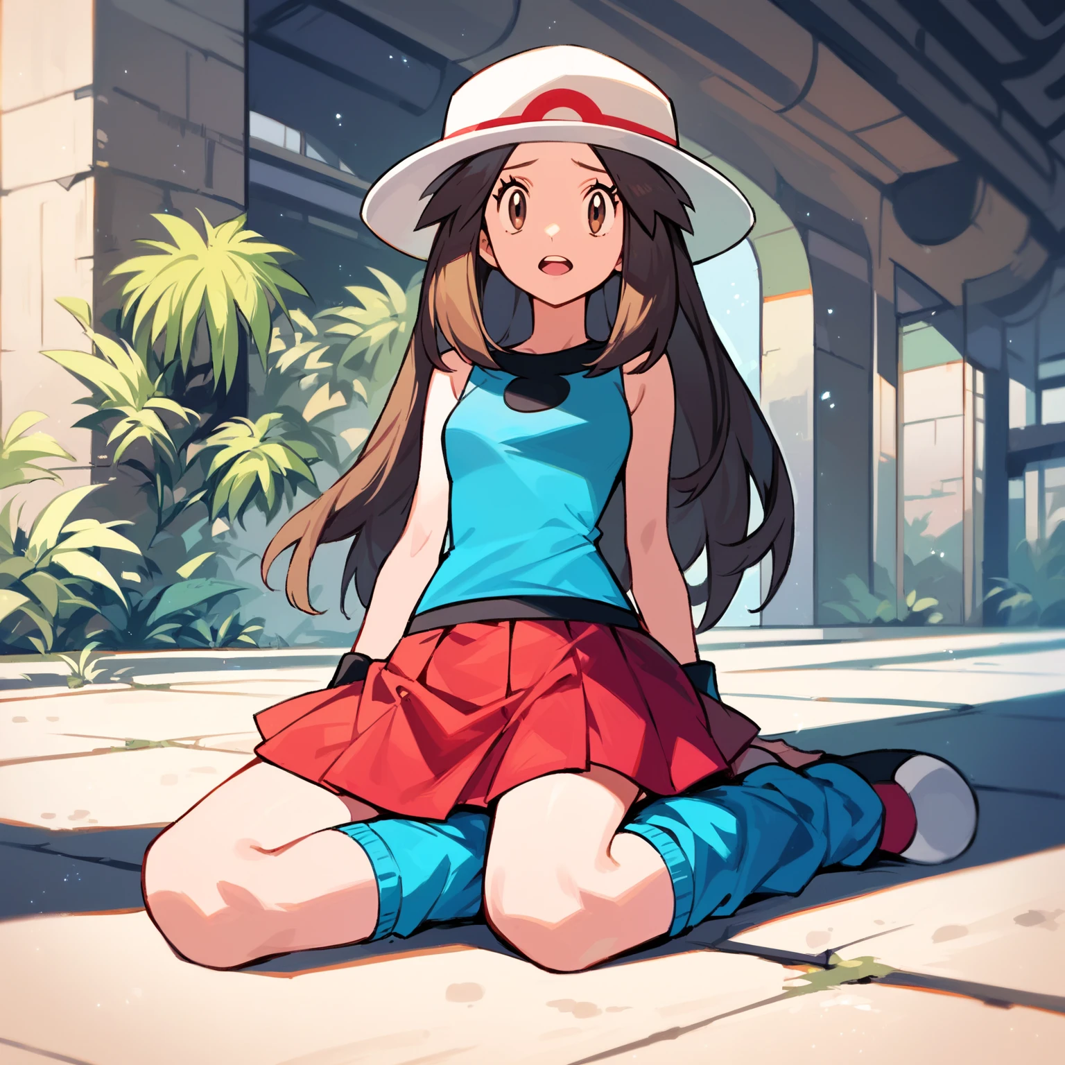 <lora:Leaf3:0.8> lf, blue shirt, red skirt, white headwear, sleeveless shirt, brown eyes, loose socks, white shoes, sitting, full body, smile