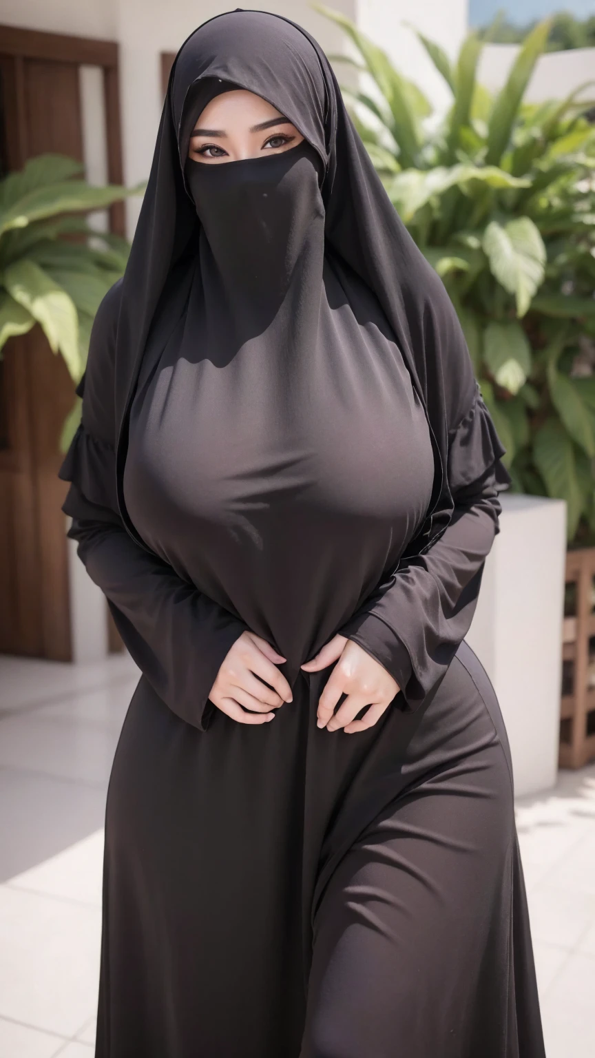 8K, high quality, nice lighting, soft lighting, realistic, dark eyes, sexy, big breasts, thighs, wide hips, arabic dress, black dress, Jewelry, sexy lady, asian, hijab, niqab, sexy pose, showing big thighs, nice body, natural largest breast, wearing rings for woman, office girl, sexy posing, hand sock, mature woman