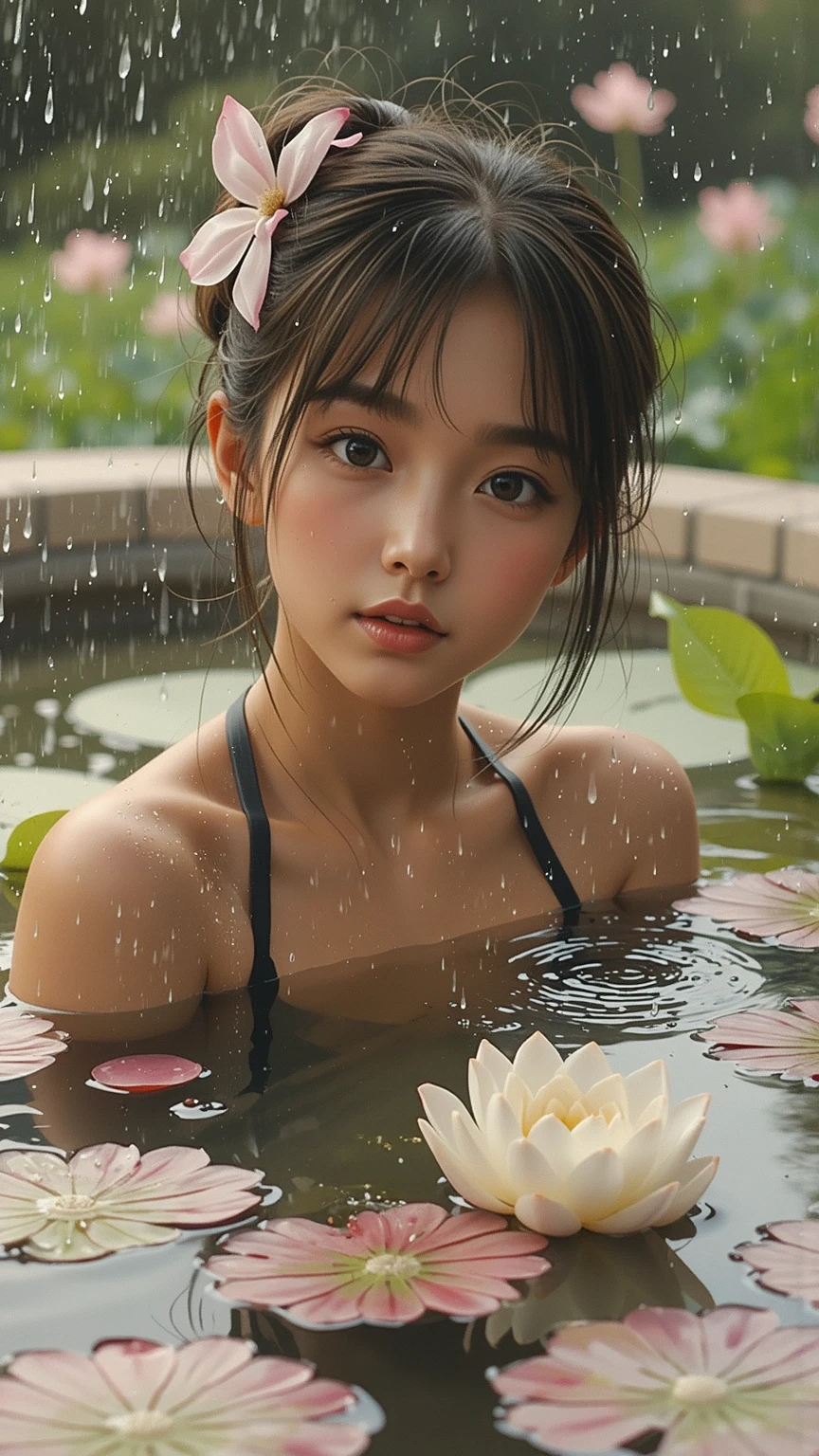 masterpiece, best quality, (realistic, photo-realistic:1.4), (RAW photo:1.2), extremely detailed CG unity 8k wallpaper, delicate and beautiful, amazing,finely detail, official art, absurdres, incredibly absurdres, huge filesize, ultra-detailed,extremely detailed eyes and face, light on face,little smile,potrait,black hair,short hair,garden,nude,hinata_hyuuga,(small breast:1.4),(wet body:1.6)