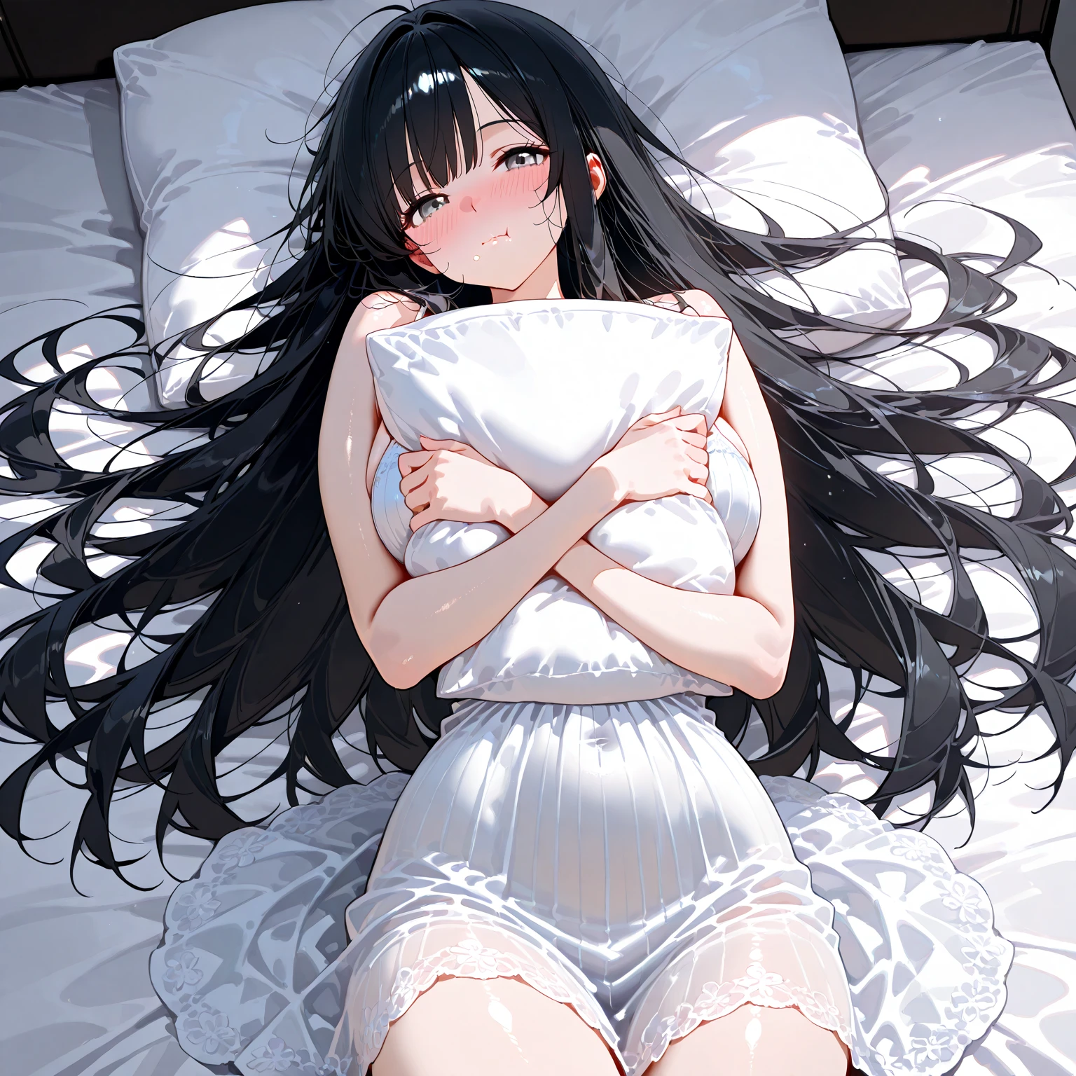 high quality, 最high quality、 Stylish design, (((The cutest girl))), ((Thin legs))、(((最high quality))), High resolution, ((detailed)), ((masterpiece)), ((Super detailed)), 14-year-old girl、Black Hair、Inner Color、((Lying on your back in bed)),((Light clothing,underwear)),((Sexual)),(((Shyness,Eyes closed)))