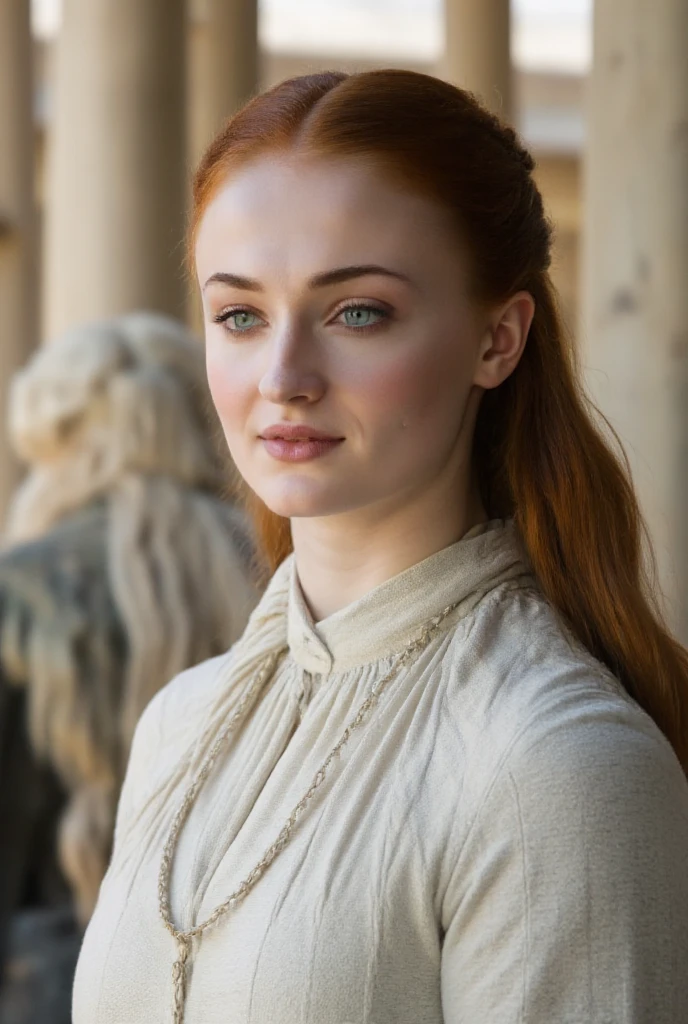 (best quality,4k,8k,highres,masterpiece:1.2),ultra-detailed,realistic,portrait,Simonetta Vespucci,white gown,fine brushstrokes,vivid colors,subtle lighting,pale skin,long wavy hair,fine details,lovely smile,intense eyes,delicate features,natural pose,beautiful backdrop,romantic atmosphere