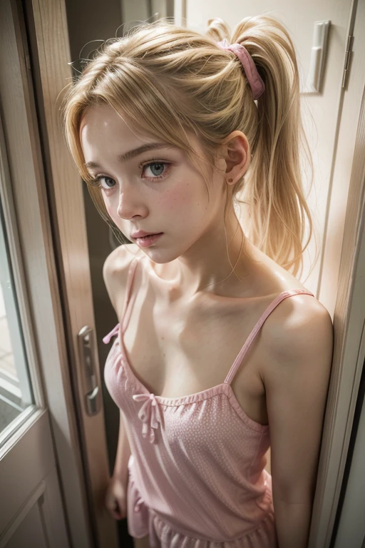 10 year old BLONDE, wearing a pink dress and bra,