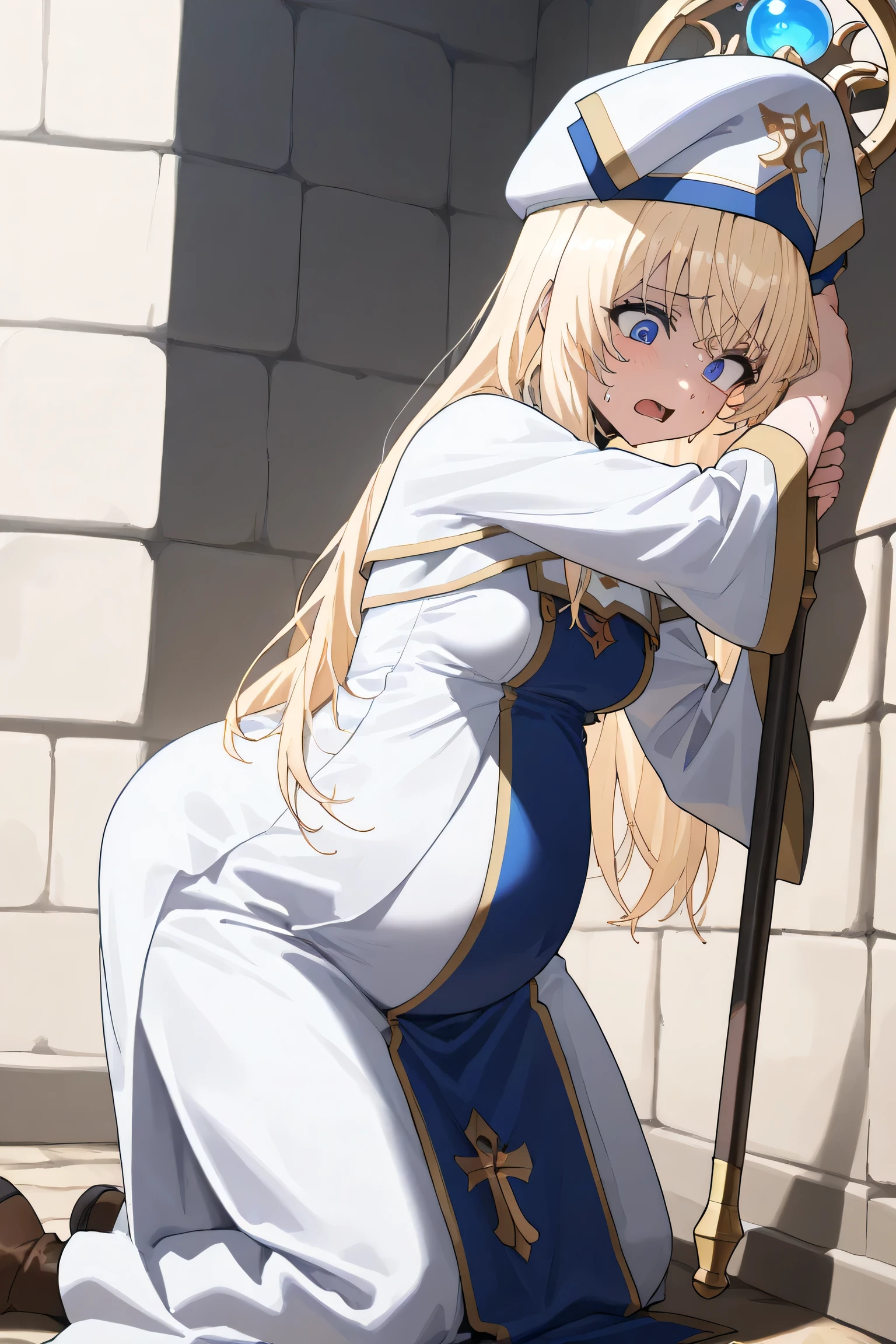 (Best quality, 4k, 8k, high resolution, masterpiece:1.2), ultra detailed, intricate details, beautiful girl, SOLO, alone, bangs, small-medium breasts, perfect smooth skin, head tilted, (Pregnant:1.0), white and blue cleric robe with gold and details, split lower robe, long white sleeves, a white cleric hat with cross symbol, holding a staff with a glowing orb, long blonde hair, blue eyes, pain, at medieval town on streets, Hand on wall, lean forward, looking down, sweating, side view,(kneeling:1.0), closed one eye, open mouth