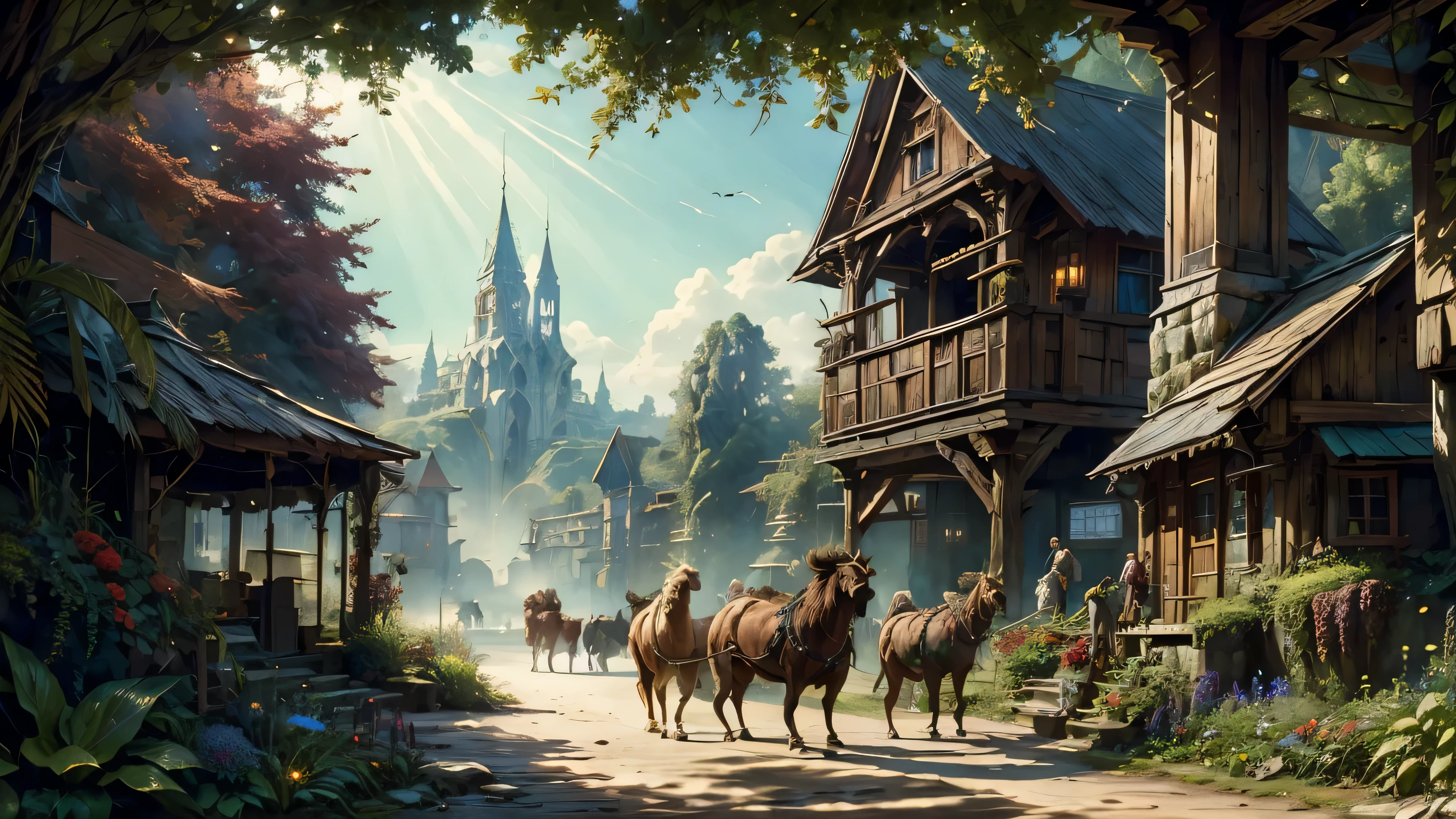 A bustling fantasy market unfolds before the audience , nestled amidst lush greenery , A verdant canyon . Sunlight filters through towering cliffs , casting dappled shadows on the well-trodden pathway where various humanoid figures wwither. The crowd includes a diverse range of fantasy characters : Muscular orc-like creatures in sturdy clothing, Humans dressed in medieval garb , with smaller creatures clothed in robes. A majestic buffalo-like beast , adorned with ornate jewels , Confidently striding forward along the path . The market architecture is a collage of natural elements , Dwellings carved into the rock face , decorated with wooden beams with colorful fabrics gently swaying in the breeze. more than, text "x} Classic Fantasy MMORPG - Open Beta Underway " with " Dusk forest " hinting at an immersive gaming world , Inviting players to choose their own origins . 2025 marks the game's full release , promising expansive upgrades with a brwith-new experience. The ambiance is vibrant with enchanting, as traders with adventurers exchange tales with wares in this otherworldly realm.