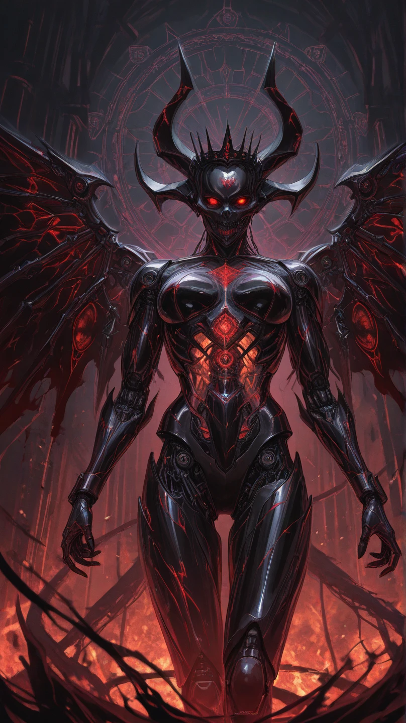 <lora:witchervampire-000005:1>,vampxl,futuristic, Lovecraftian woman robot angel, fire wings, floating, white robe, red accents, flames under robe, character design, full body, intricate jewelry, gemstones, ruby, gold, volumetric lighting, cinematic, ornate, intricate detail,