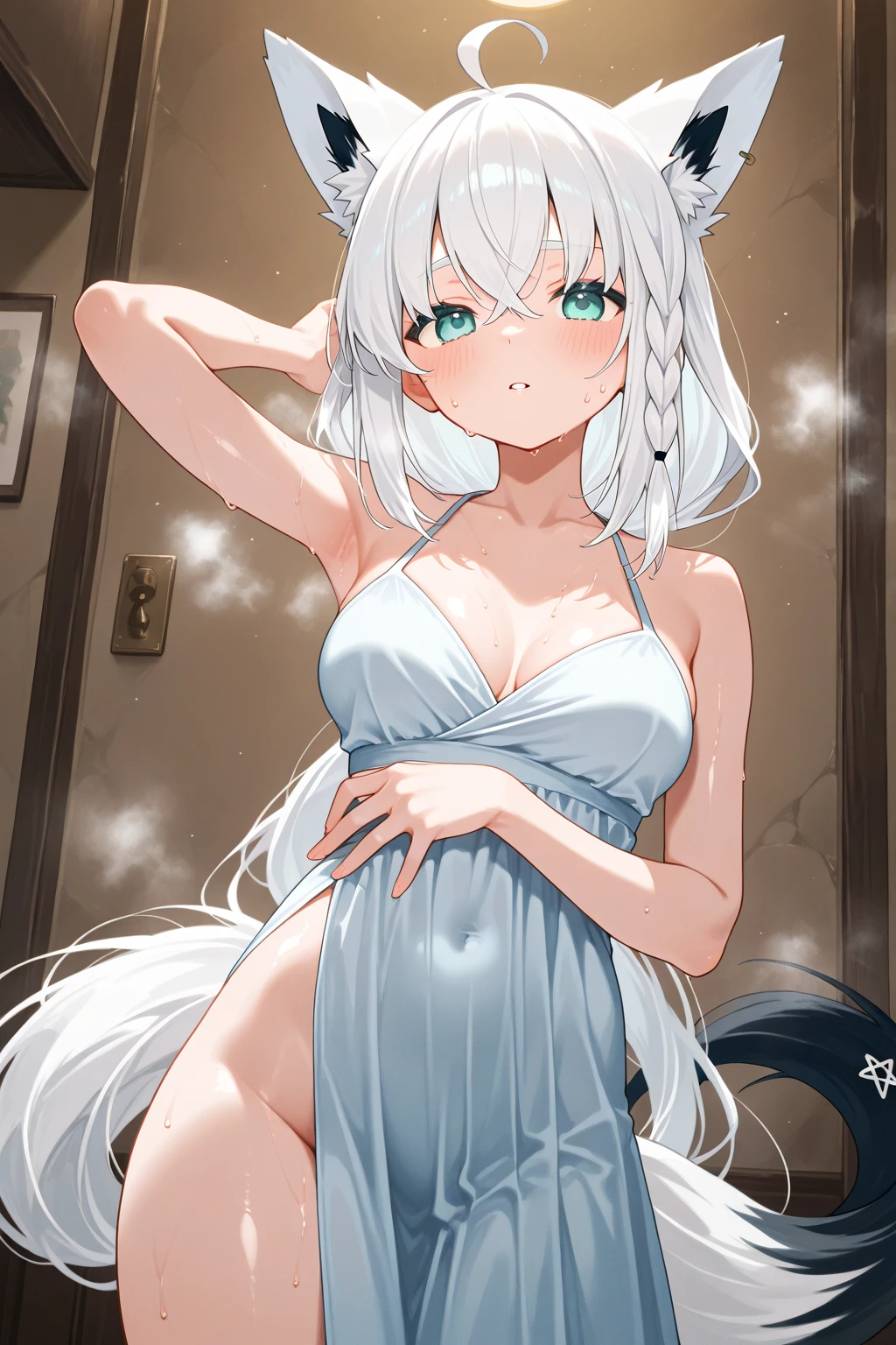 One girl with white long hair, glossy white hair, looking away, embarrassed, blushing, :3, indoor, naked oversized shirt, thigh , white cat ears, white cat tails, squating, cat pose, moe pose, blue eyes, white shirt dress, full body, sexy meow pose, seducing pose, squatting position, meow sign