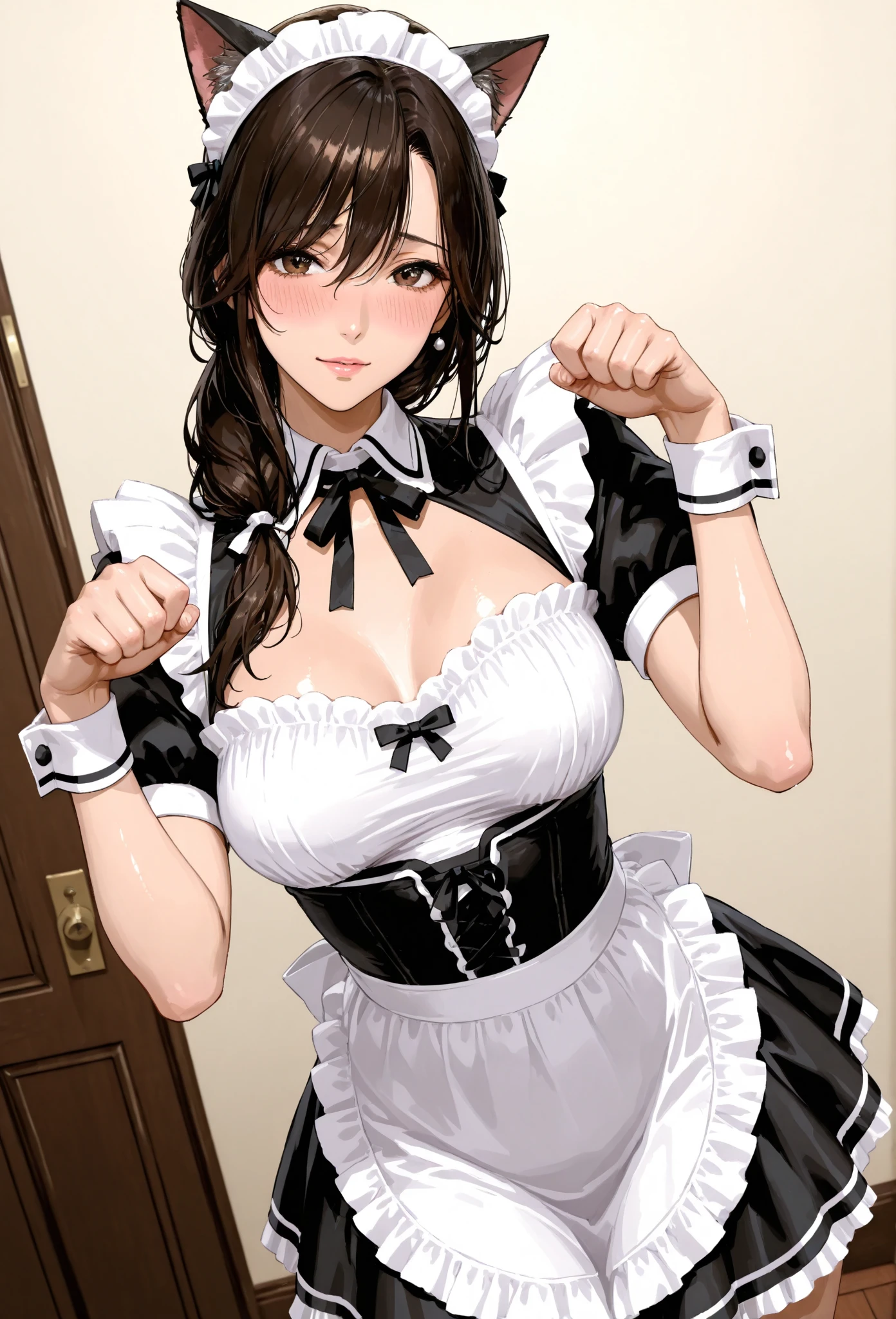 ((Masterpiece, best quality)),edgQuality
smiling,smug,
((edgHL,hentai_lingerie, 1girl, solo,wearing edgHL)),frills,ribbon,maid outfit,hand on hip,posing,
<lora:edgHentai_Lingerie1:1>