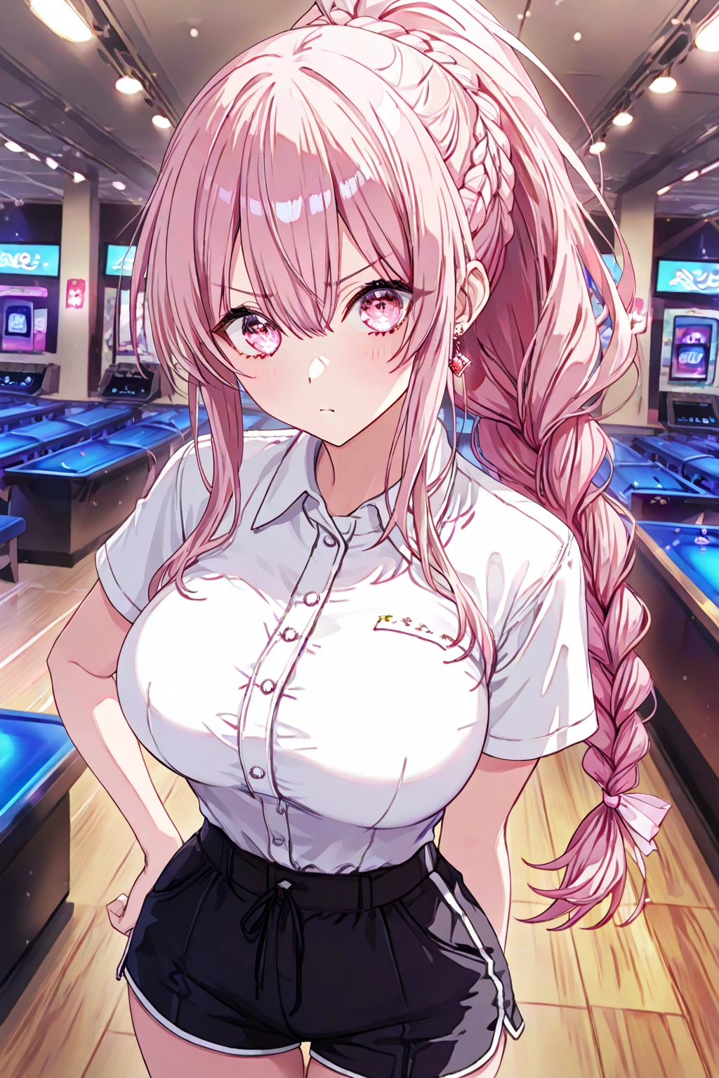 mastute piece,Best Quality,insanely detailed,8k cg,nsfw,
(shoot upper body:1.3),
(1girls:1.3),standing,looking at viewr,body in front,both arms behind back,(bowling-uniform:1.3),(bare breasts:1.4),(bare nipples:1.4),
break,
blush,shy,(ecstasy face),(trembling:1.2),break,(light pink hair:1.2),
break,
perfect breasts,perfect teats,(open mouth:0.9),(large breasts:1.2),
(bowling-alley)、