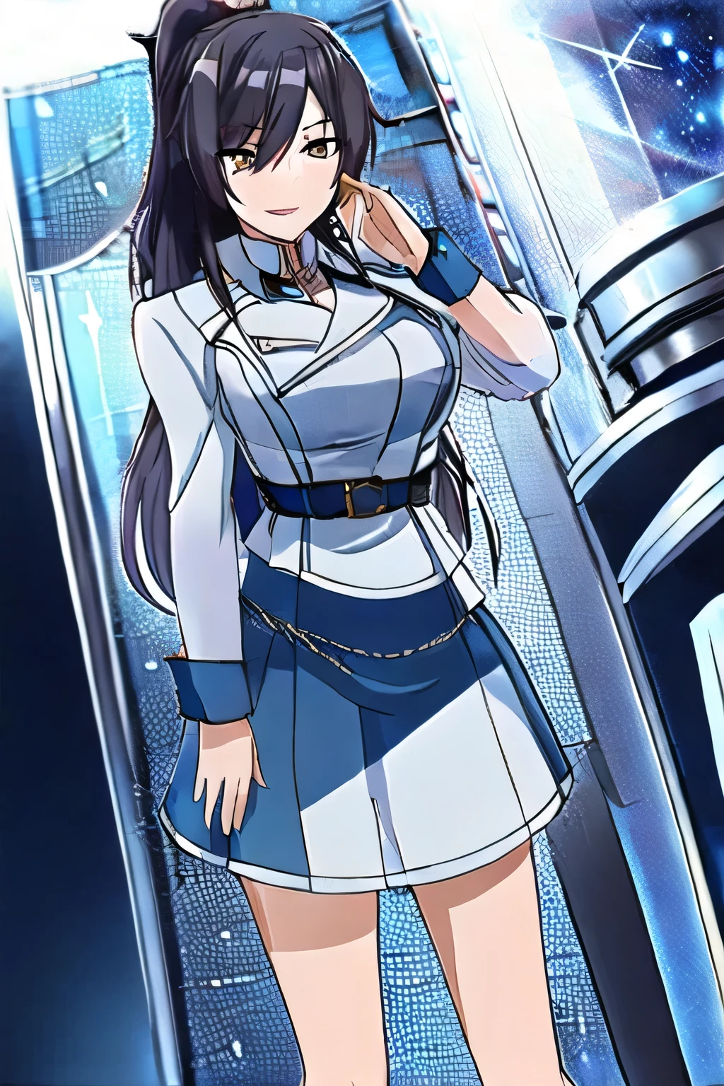 Woman with black ponytail hair,,smiling Yang,don't trim your face to the top of your head,,smiling Yangのyang,,Please don't cut off your face,表情がTOP PRIORITYです, Can you draw ,woman in a proper uniform,Tight skirt, wearing brown stockings ,is standing at the teacher's house,salute,、顔の表情がTOP PRIORITYであるため、face with chest connected to face!,,Do not cut、,Beautiful legs,,,TOP PRIORITY、 Maintain a continuous expression ,, ミニスカート付きのMilitary uniform ,Breasts Hidden in Costumes、draw a blue and white Military uniform ,Military uniform,,High Heels, ,Beautiful legs,,I'm inside a spaceship,,Big breasts are top priority, So ,Beautiful legs,,, , One day's worth of long black hair } people who touch people's breasts at work,light blue panties,,プリーツのマイNineロミニスカート,,,Nine,Big breasts are top priority, So ,,big breasts but thin waist,Beautiful legs,,light blue panties, ,Beautiful legs,手と脚のディテールをさらに正確にCan you draw ,