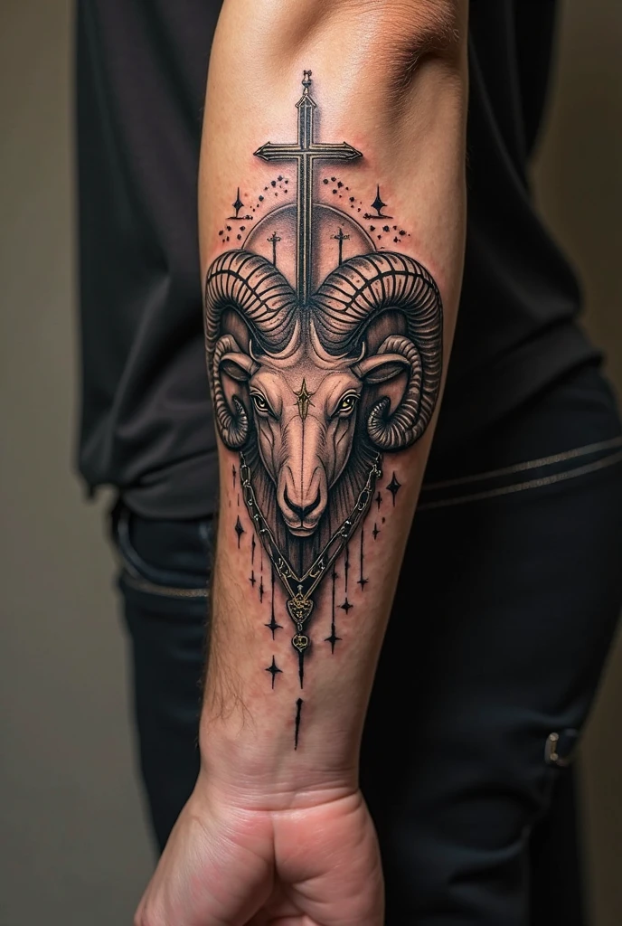 Create an Aries sign tattoo that will go on the back and that is incredible and innovative, smaller in size, and in black and white for a man.