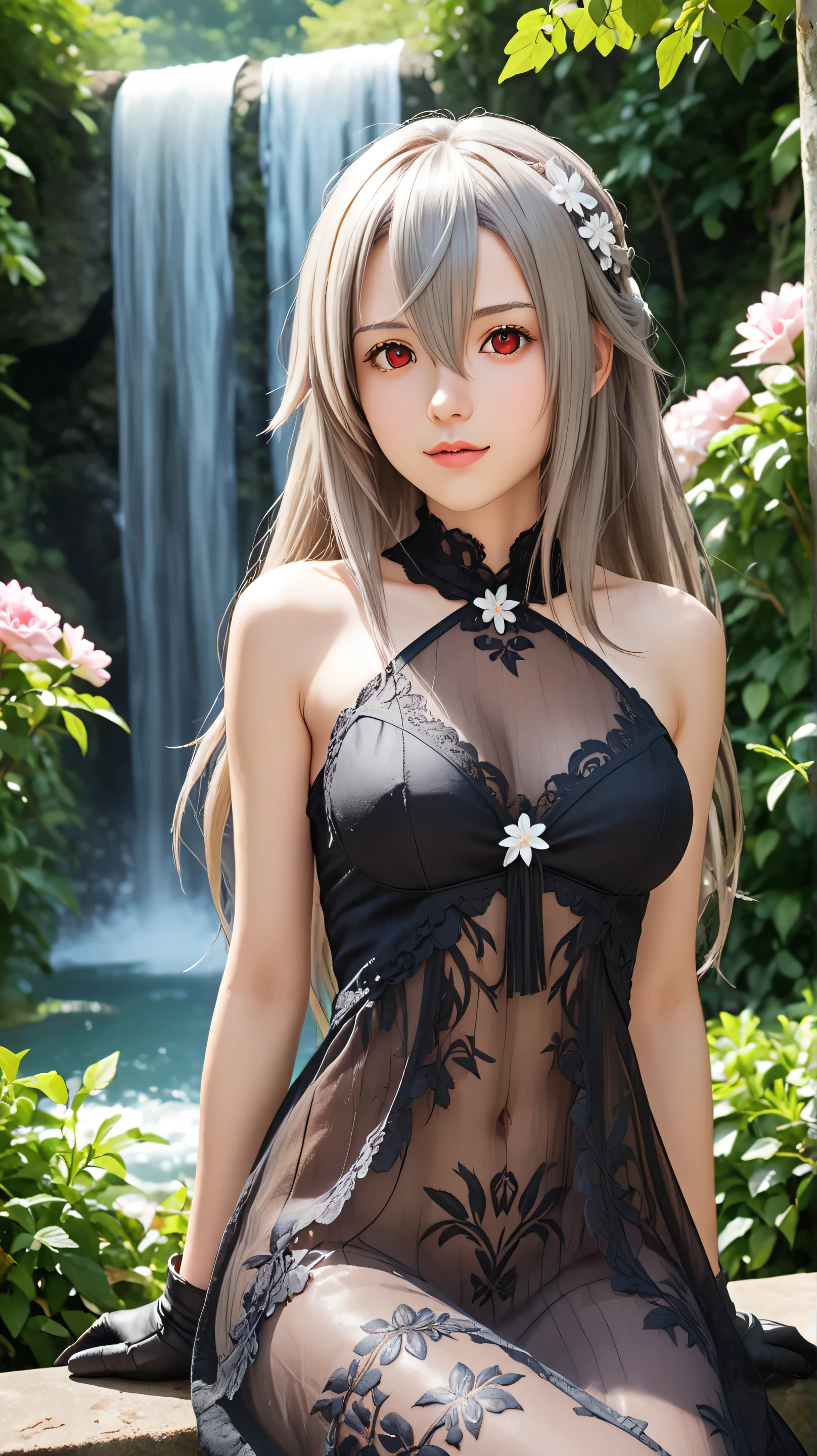 1girl, solo,eydish,red eyes,gray hair,(long hair:1.5),outdoors,potrait,medium breast,forest,(half body:1.4),front view,sitting under waterfall,waterfall background,looking at viewer,hair between eyes,wear dress,navel,bare shoulders,black glove,(targaryen outfit:1.5),wild flowers,(flower yard:1.4),(transparent dress:1.5) 