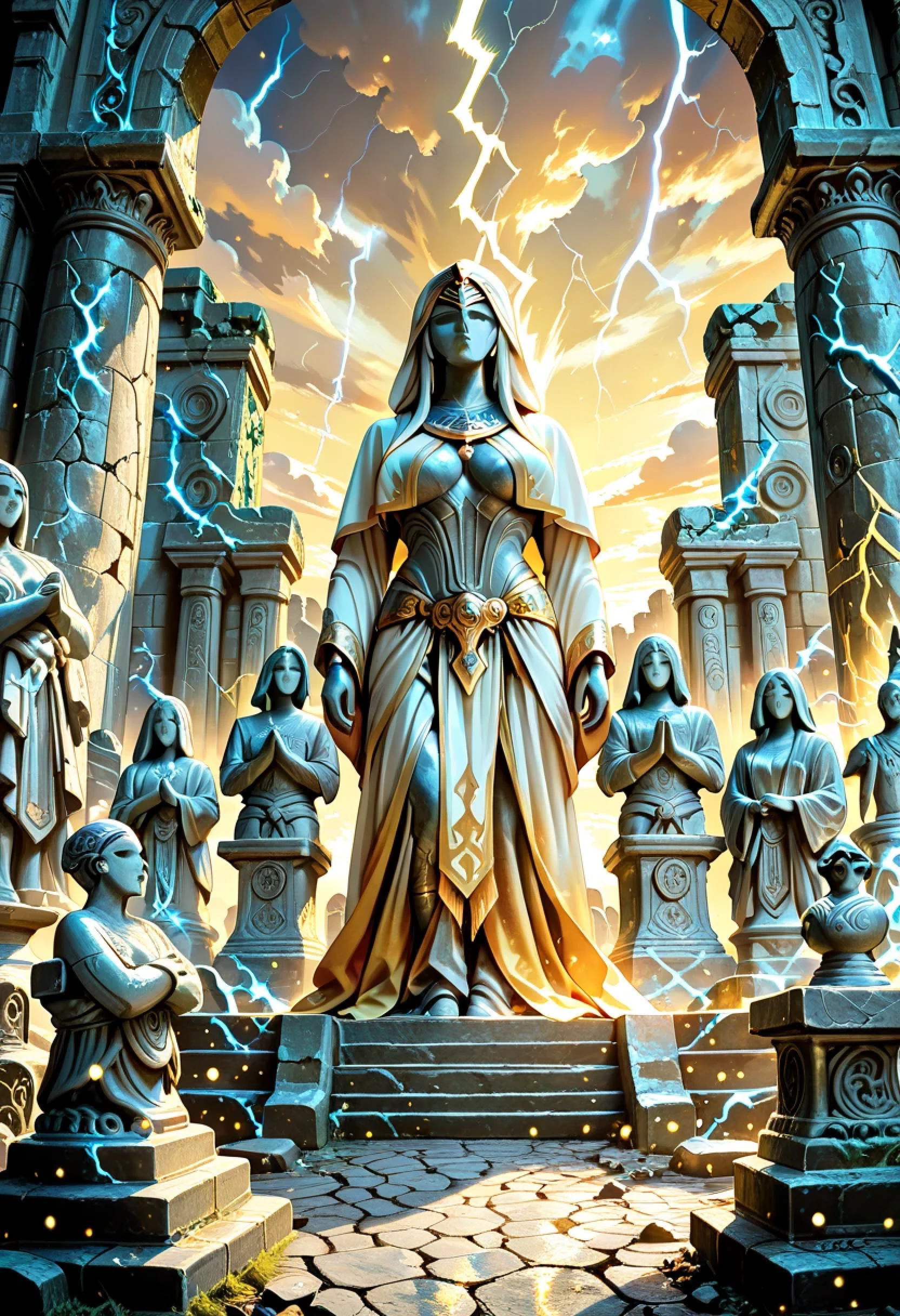 masterpiece, best quality, ultra-detailed, very aesthetic, absurdres, no humans, stone statues of gods, ancient ruins, yellow gradient sky, light　particles, lightning, clouds,
