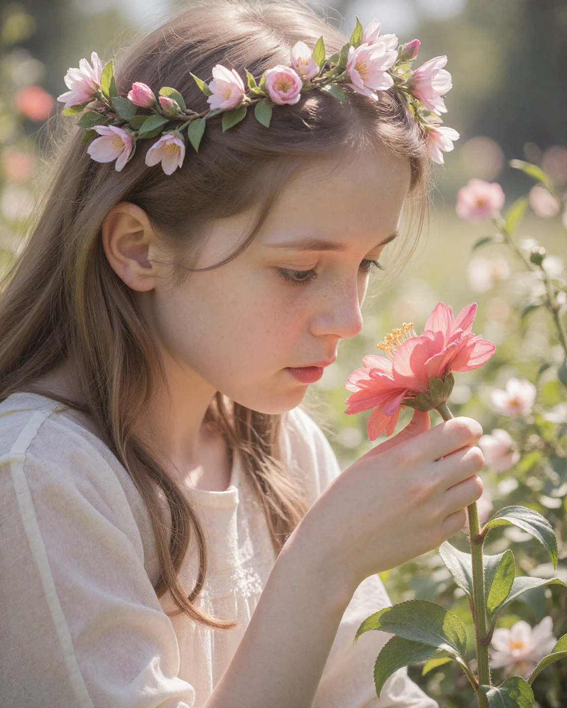 there is a young CHILD girl with a flower in her hair, beautiful languid princess, cute young girl, sleepy fashion model face, flower child, sleeping princess!!!!, girl with a flower head, beautiful young girl, beautiful young girl, beautiful young model, young woman with closed eyes, blond-haired princess, sleepy expression, beautiful girl, wearing a headband