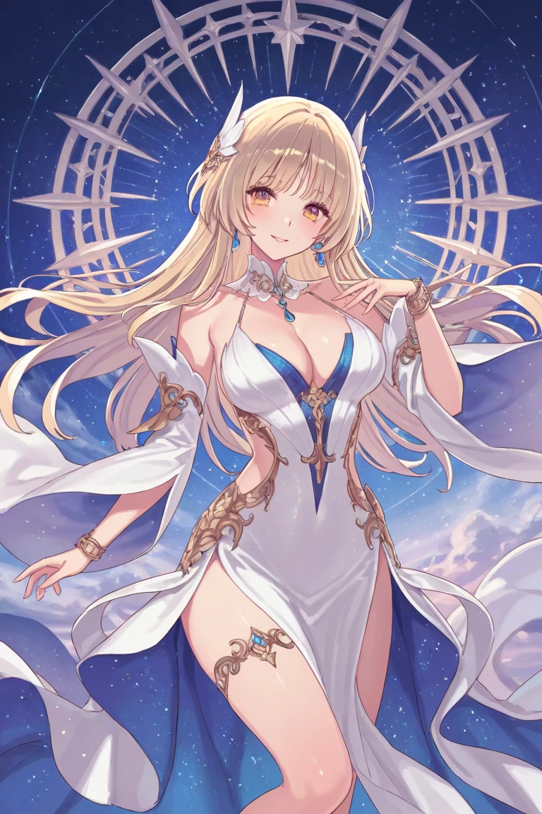best quality, masterpiece, highres, solo, {victorious_azurlane:1.15}, blonde_hair, long_hair, blue_eyes, laurel_crown, breasts, hair_ornament, large_breasts, bangs, ribbon, smile, blush, sleeveless, flower, cleavage, hair_ribbon, open_mouth, very_long_hair, blue_flower, rose, 1girl, bare_shoulders, chain, dress, sleeveless_dress, wrist_ribbon, holding_staff, looking_at_viewer, navel, staff, :d, black_panties, floating_hair, holding, panties, underwear, veil, black_thighhighs, flower_ornament, thighhighs, turret
