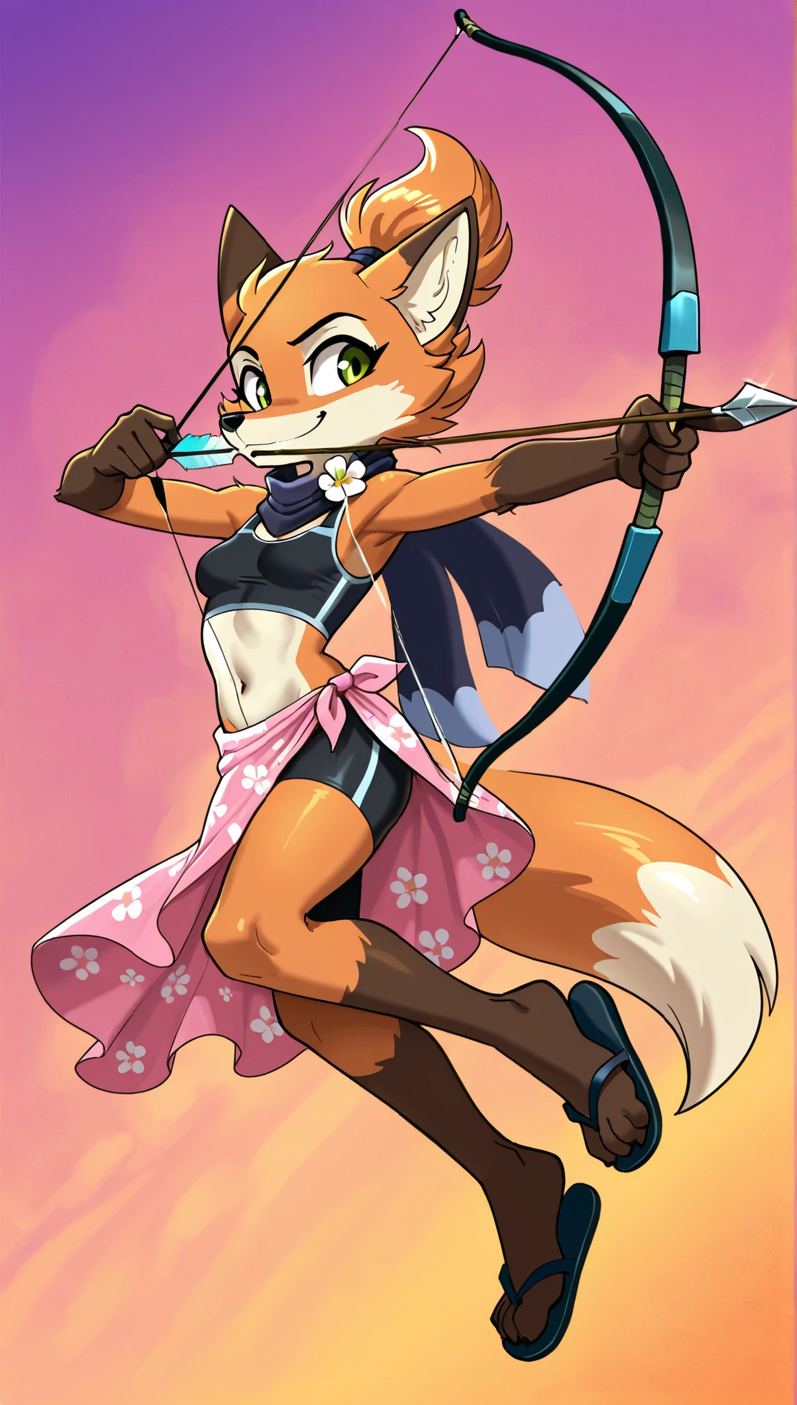 score_9, score_8_up, score_7_up, 1girl, source furry, absurdres, masterpiece, best quality, amazing quality, siroc, solo, dynamic angle, fleetfox, furry, fox, orange fur, green eyes, female, short hair, spiky pointed bangs tuft, fleetSummer, black tankini, midriff, black bike shorts, navel, scarf with flower pattern, pink sarong, flip flops, full body, feets with three toes, small breasts, ponytail, side view, smile, jumping, smile, holding weapon with one hand, bow weapon, archery, arrow focus, action pose, abstract background, 