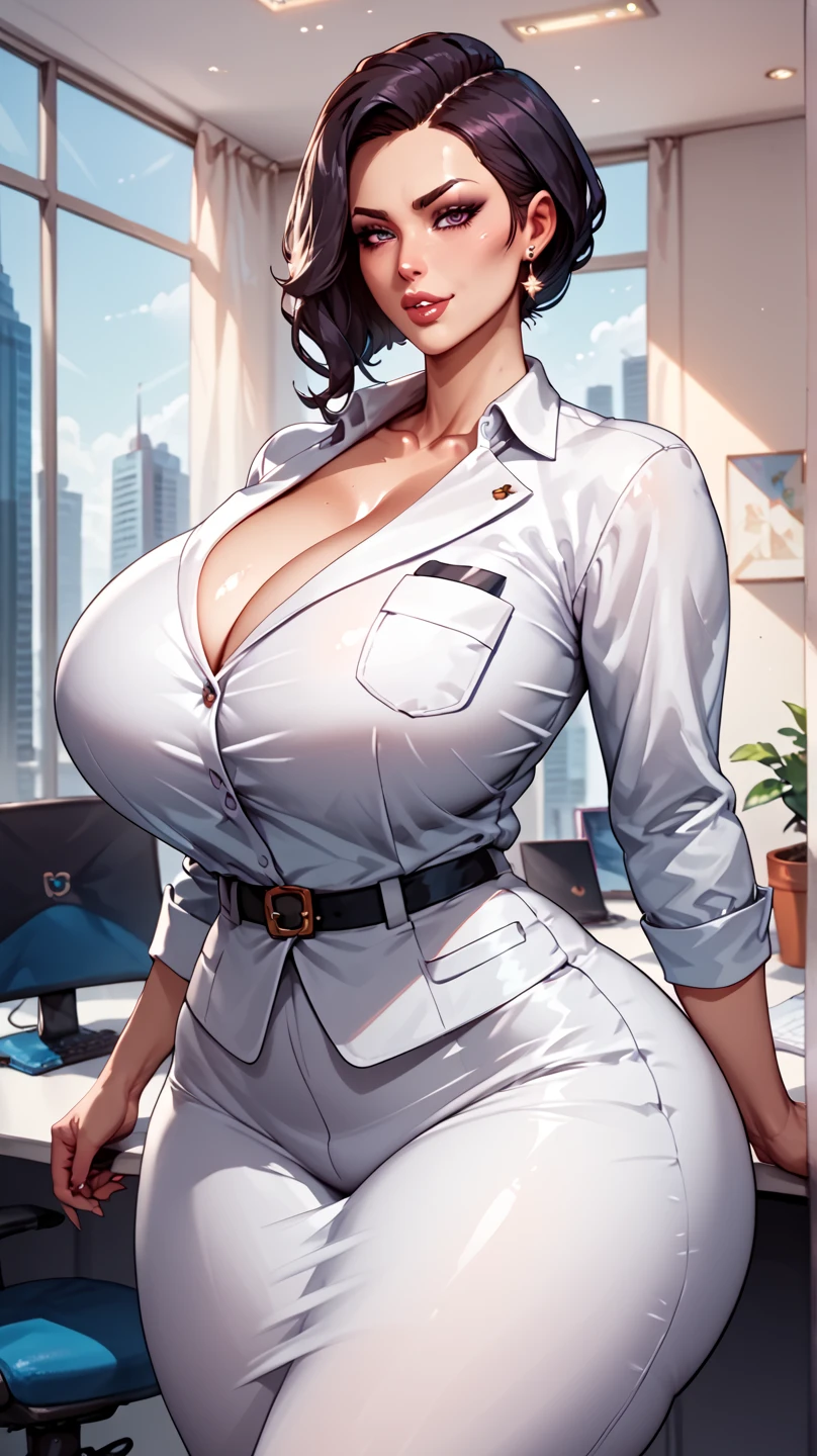 security office, woman in short dress, curvy, pinup, fishnet stockings, leaning against computer console, cleavage, female security guard, white uniform