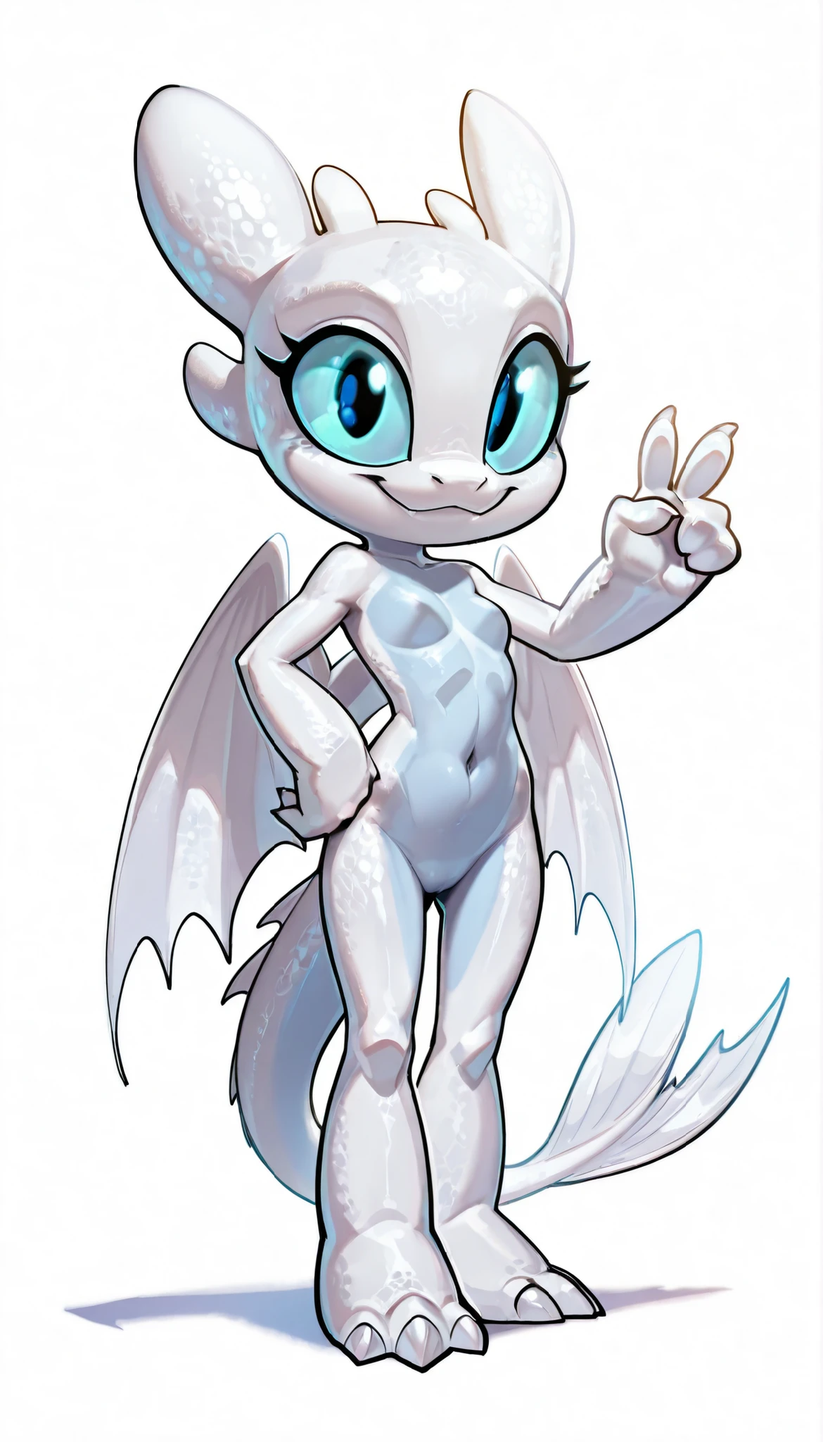 score_9, score_8_up, score_7_up, anthro, masterpiece, best quality, amazing quality, very aesthetic, absurdres, source furry, 1boy, nubless_httyd, dragon, light fury, white scales, detailed scales, wings, tail, white claws, 1girl, solo, blue sclera, black pupils, epic portrait, thin body, detailed body fur, detailed body, detailed face, detailed eyes, glistering body, shiny body, skinny, :3, (best quality), cinematic lighting, anime style, perfect lighting, perfect shadows, perfect eyes, perfect hair, perfect face, gorgeous body, skinny, chibi, (young cub:1.2), short body, tiny body, big head, smile, navel, small breasts, standing, v, narrowed eyes, eyelips, peace sign with one hand, one hand on hips, white background, simple background,
