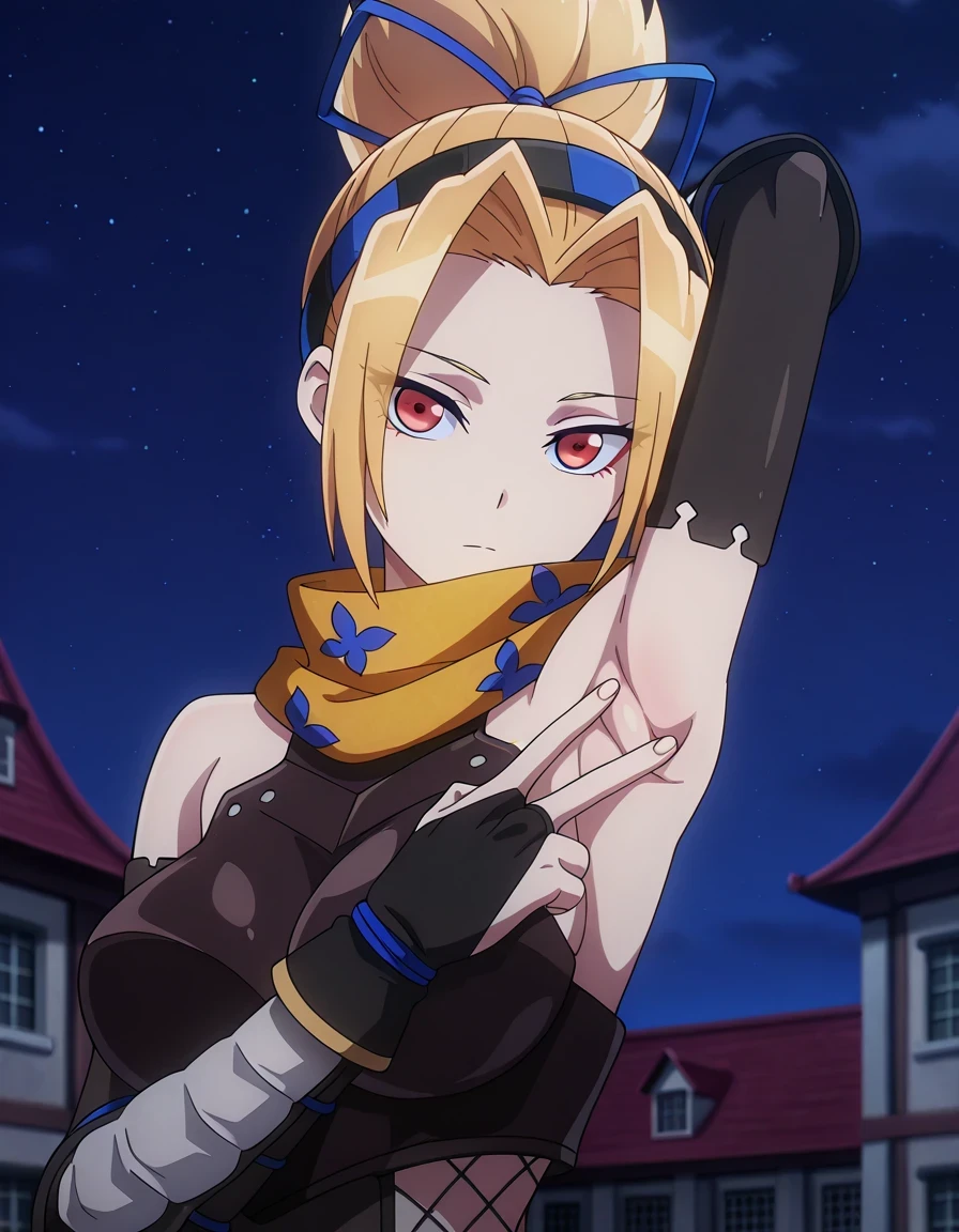 Tia, blonde hair, scarf, ninja, breasts, ribbon, blue ribbon, hair ribbon, red eyes, medium breasts, bare shoulders, armor, ponytail, anime coloring, high quality, closed mouth, solo, upper body, night sky, mansion, <lora:spread-armpit-illustriousxl-lora-nochekaiser:1>, spread armpit, armpits, armpit focus, v, ((contrapposto)), looking at viewer, expressionless, best quality, 