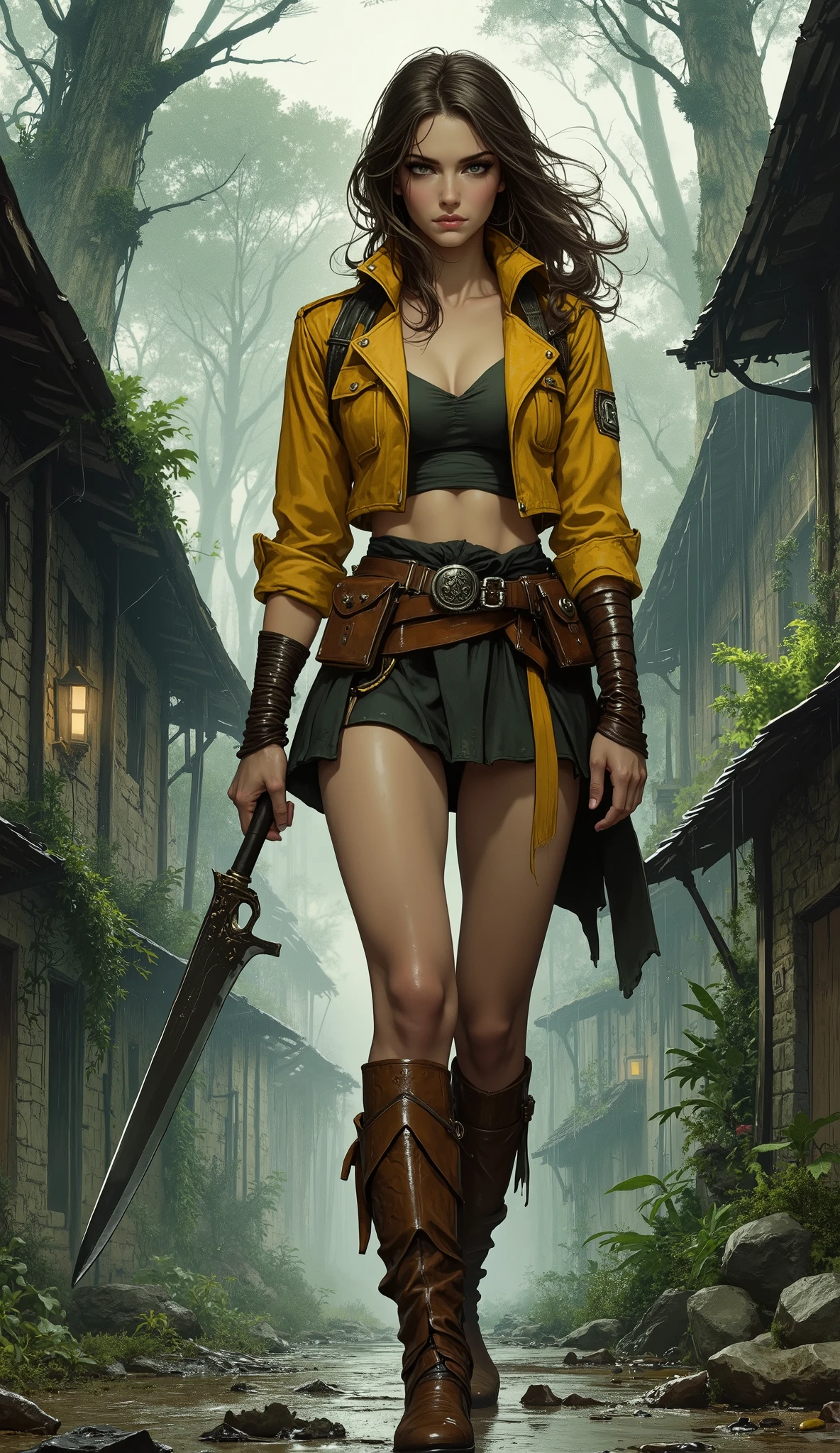Masterpiece, best quality, hyper-detailed, 8k resolution, award-winning character concept art. A dynamic, full-body portrait of a formidable female bounty hunter, tall, with a powerful athletic build. She has long, wind-swept brunette hair and an exquisitely detailed face with piercing eyes and a focused, determined expression. She stands impatiently on the rain-slicked cobblestone streets of a sprawling, gritty fantasy metropolis built within a dense, ancient wilderness. The architecture is a blend of rough-hewn stone and dark wood, overgrown with moss, set against a backdrop of towering, mist-shrouded trees. Her fantasy-realism outfit is highly detailed: a weathered, short yellow leather jacket with rolled-up sleeves over a dark crop top, a utilitarian short skirt with a complex belt system holding pouches and a finely crafted dagger sheathed on her thigh. She wears tight, carved wooden bracers and rugged, travel-worn cloth boots. A of dark cloth is tied securely around her right bicep. In her right hand, she wields a large, long, elegantly curved machete, its edge gleaming under the dramatic lighting. The art style is a sophisticated fusion of gritty realism and epic high fantasy illustration, reminiscent of a cinematic fantasy film. The lighting is dynamic and moody, with strong chiaroscuro effects and volumetric light rays breaking through the overcast sky. The image features flawless , perfectly rendered hands with five fingers each, and photorealistic textures.