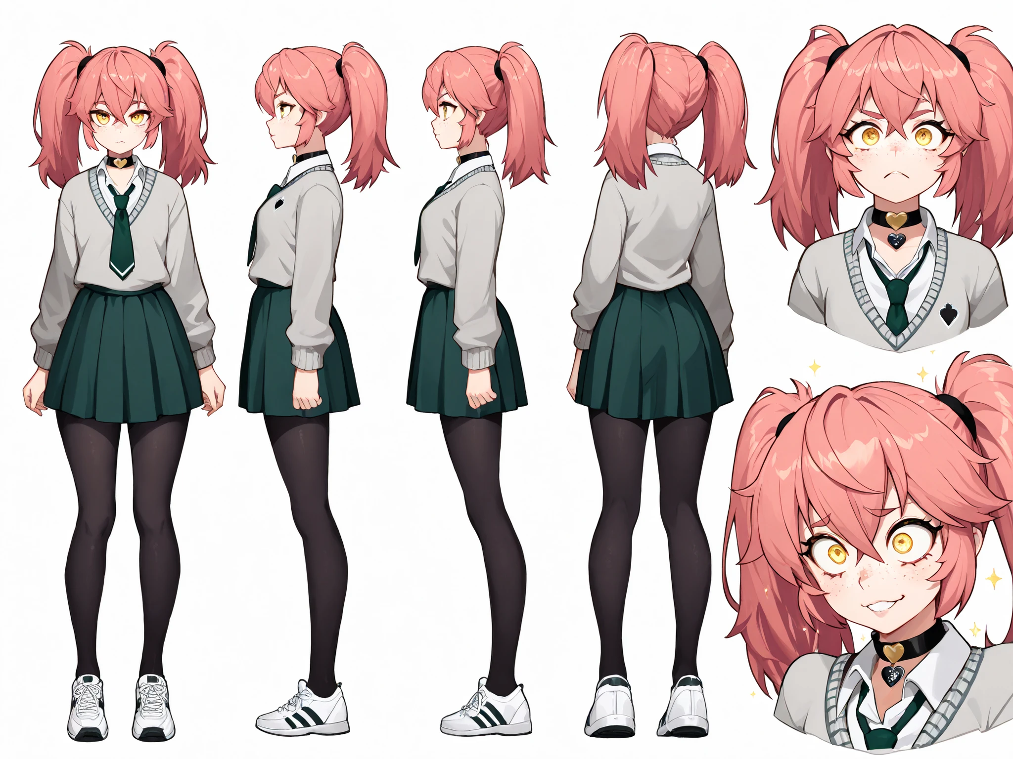 Enchanting Eyes, focus drawn to eyes, highly detailed eyes, sparkles in eyes,full body, standing, Enchanting Eyes, highly detailed eyes, sparkles in eyes, ((reference sheet)), (character sheet), legs almost together, symmetrical, front view, side view, back view, multiple views, extremely detailed, 8k, absurdres, highly detailed, masterpiece, 1girl, ((perfect hazel anime eyes)), perfect face, teenager, pink hair, long twin ponytails, ((yellow eyes)), freckles, ((expressive eyes)), perfect face, white shirt, grey school sweater, (dark green skirt), school uniform, black pantyhose, white running shoes, ((black heart shaped collar neckband)), dark green tie. simple white background, transparent background.